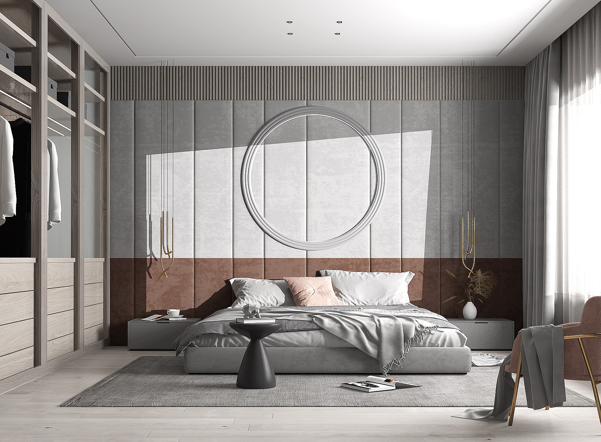 现代主人房卧室，双人床衣柜3d模型下载