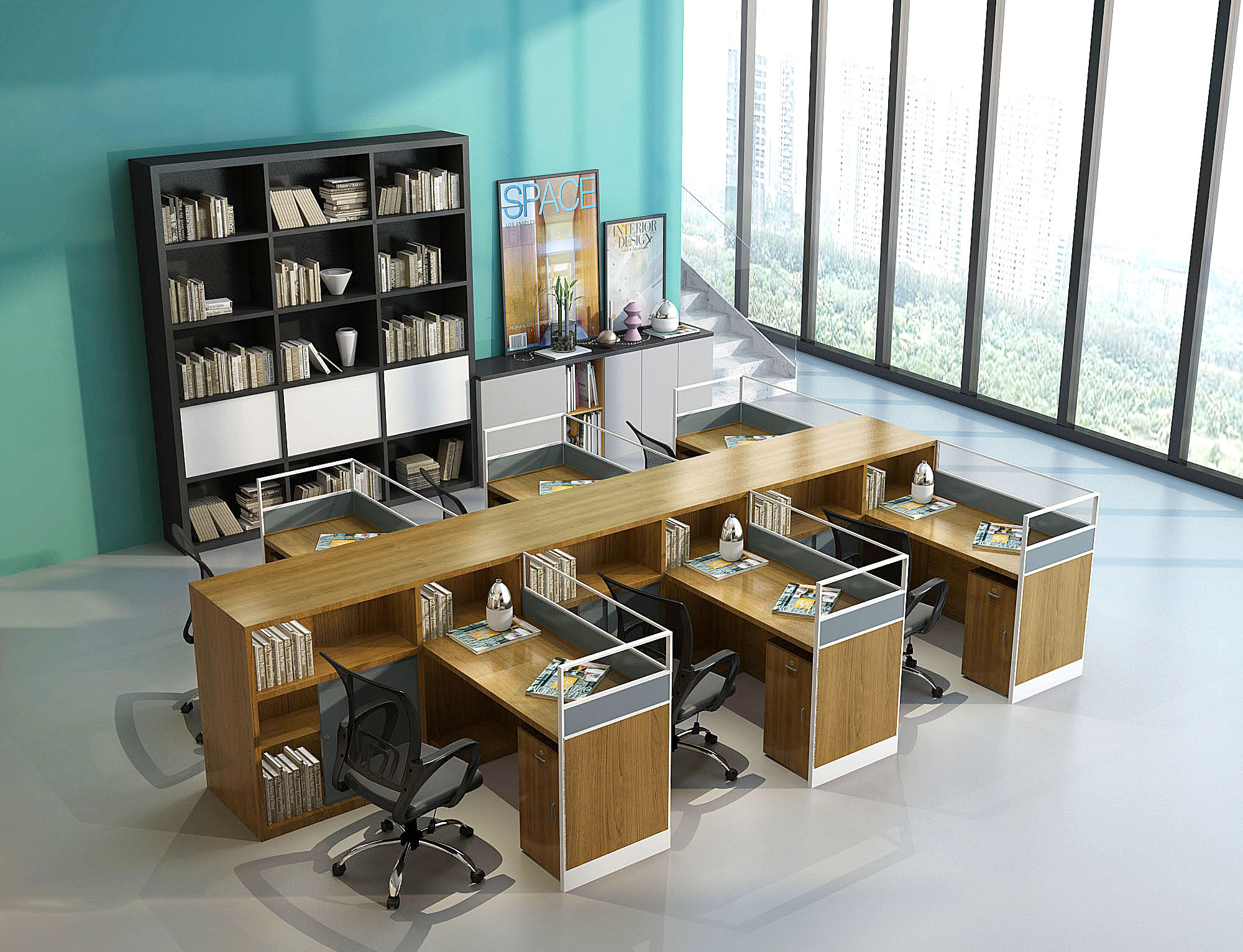开敞办公办公桌椅，员工工位，文件柜3d模型下载
