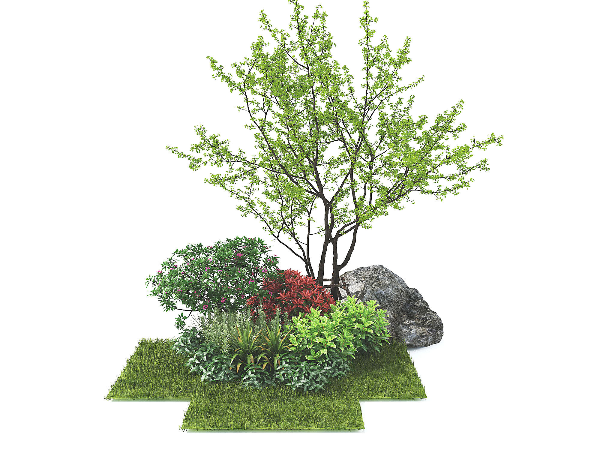 现代树，石头灌木草地3d模型下载