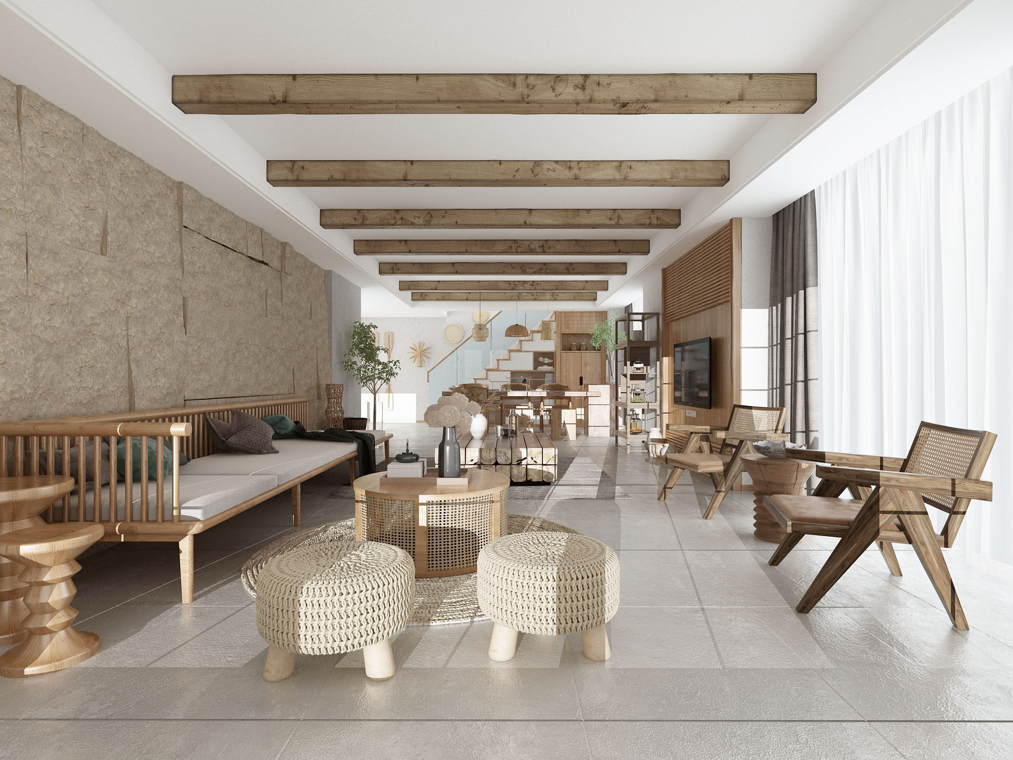 新中式自然风民宿客厅餐厅，沙发椅子边几3d模型下载