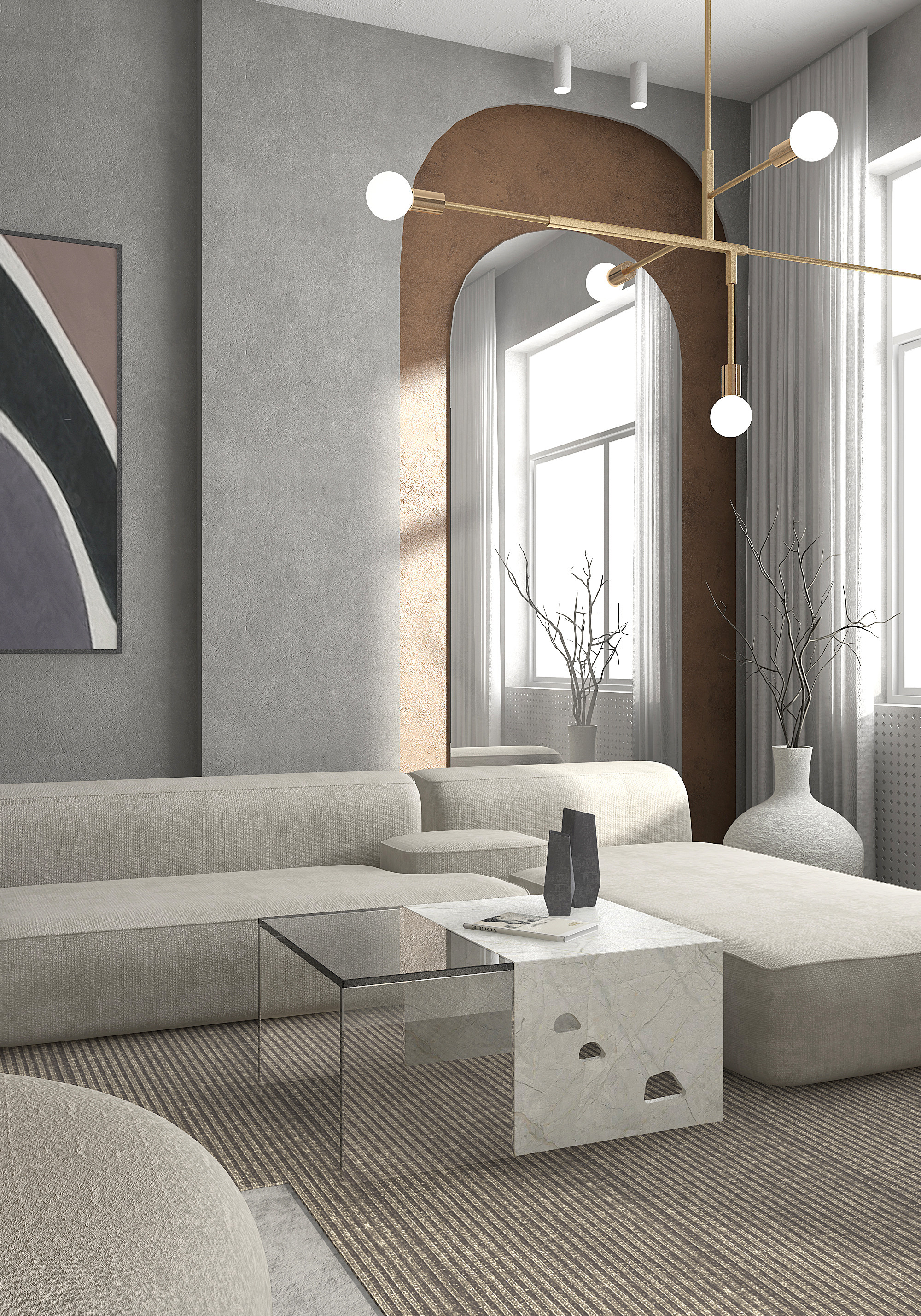 现代客厅，转角沙发，玻璃茶几花瓶3d模型下载