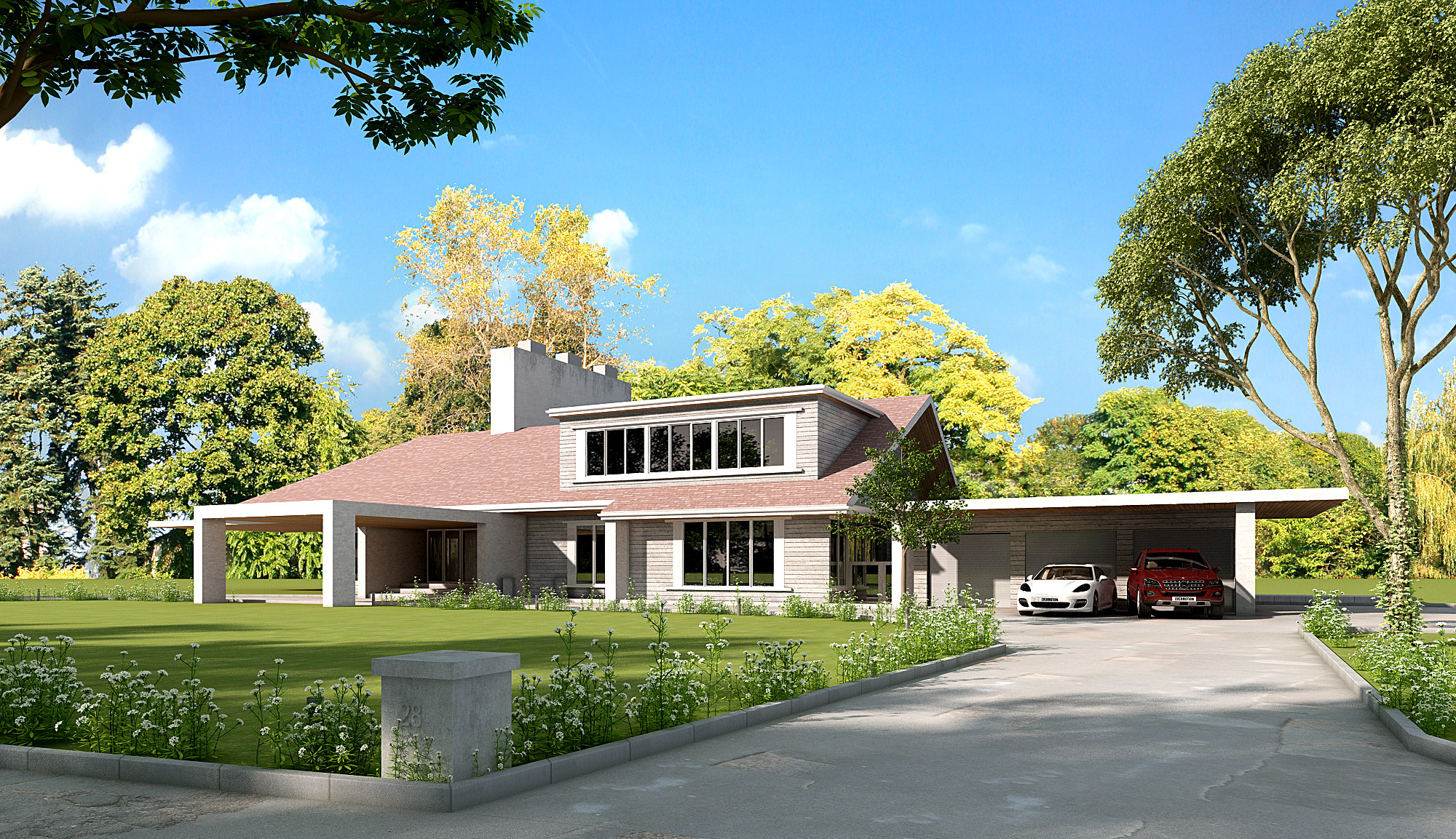 乡村独栋别墅，景观树3d模型下载