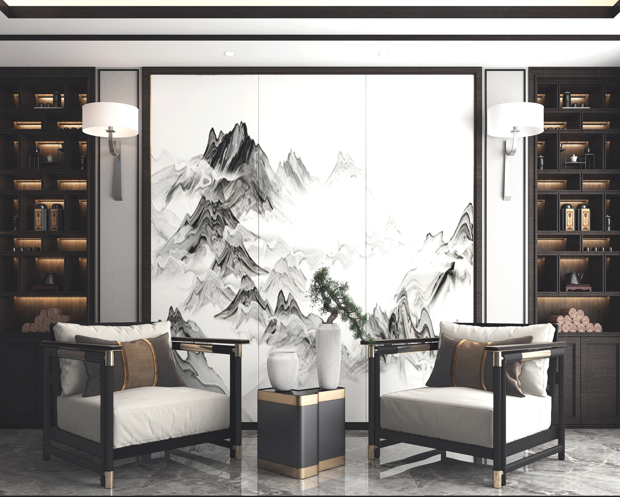 新中式休闲区，休闲椅边几花瓶3d模型下载