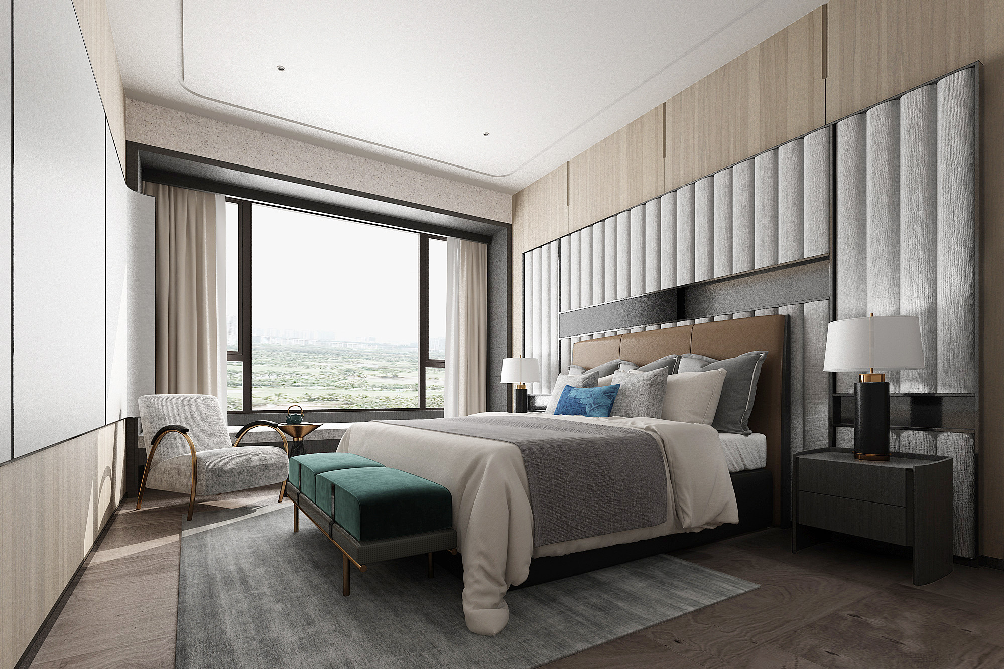 新中式卧室，床头柜休闲椅高靠背双人床3d模型下载