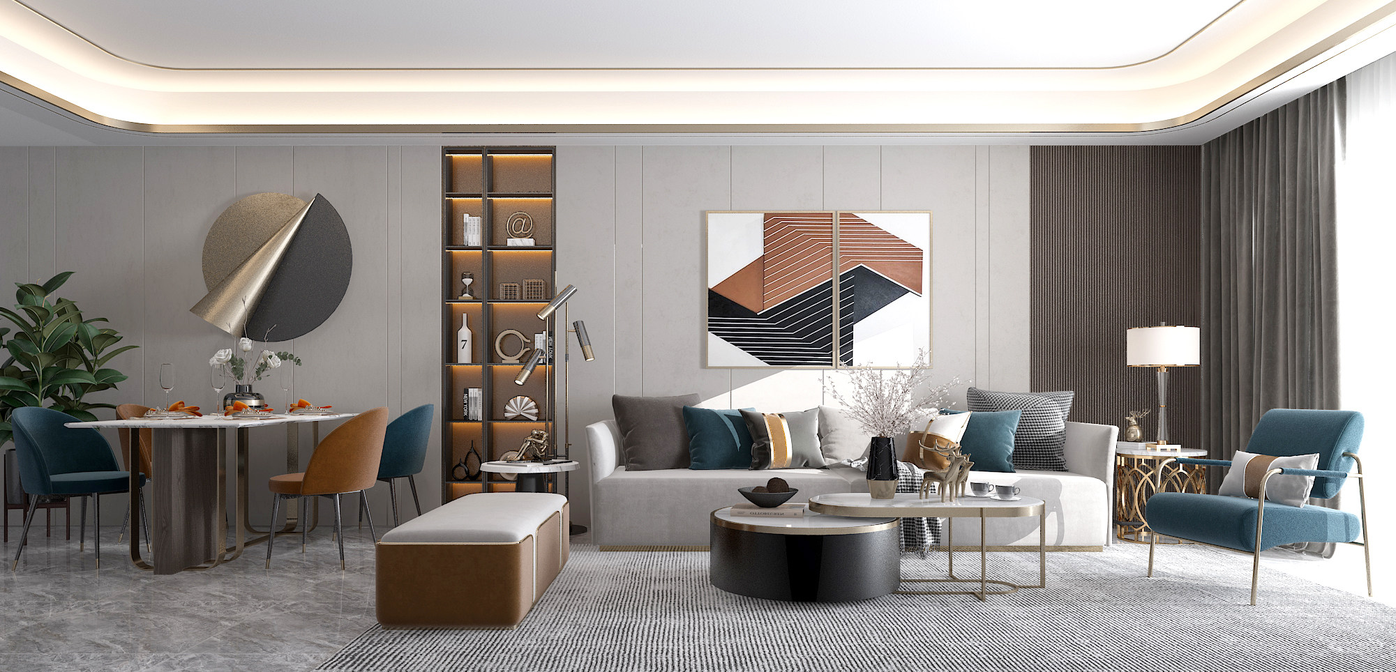 现代轻奢客厅，沙发餐桌椅，茶几3d模型下载