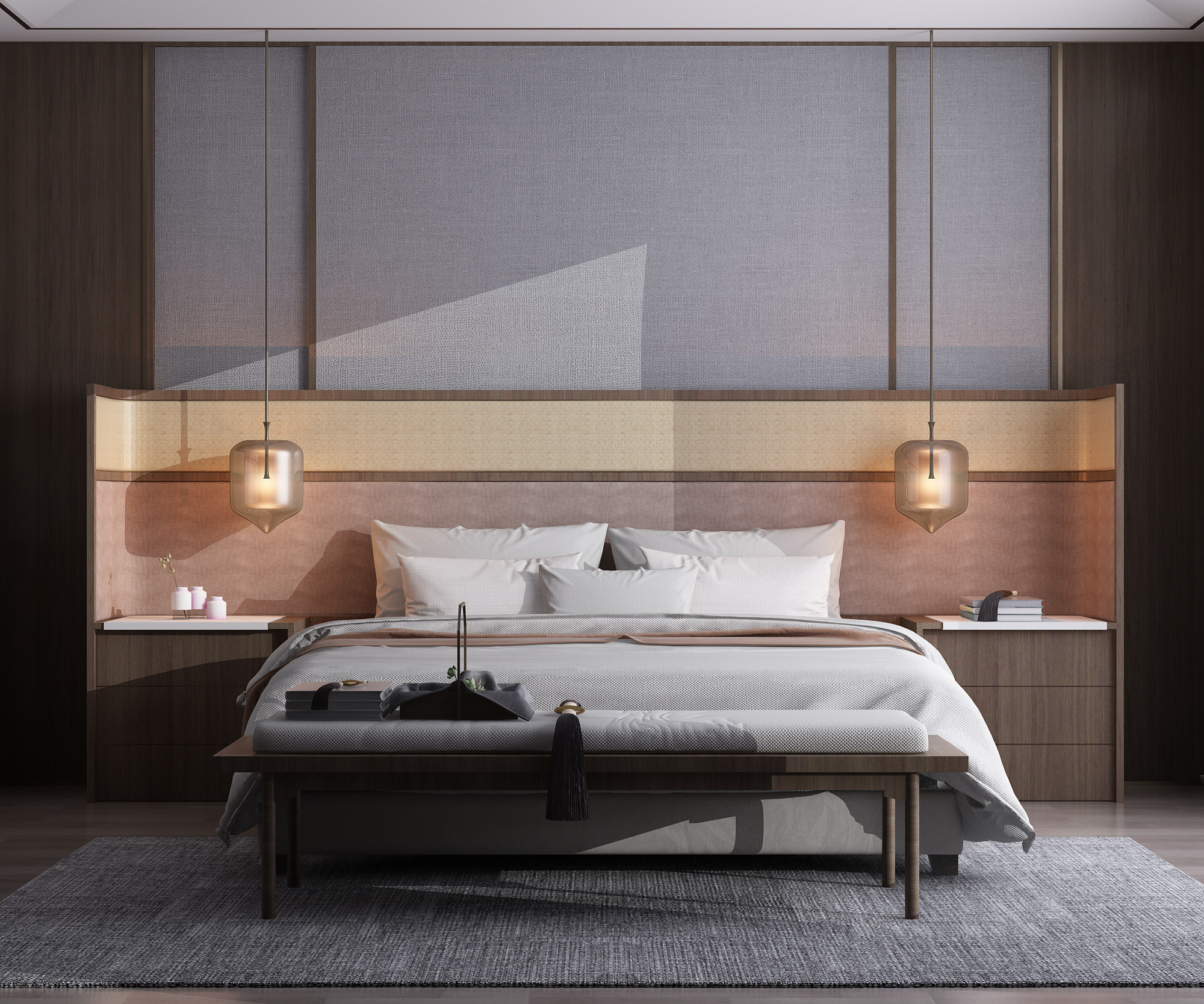 新中式双人床，床尾凳，床尾榻3d模型下载