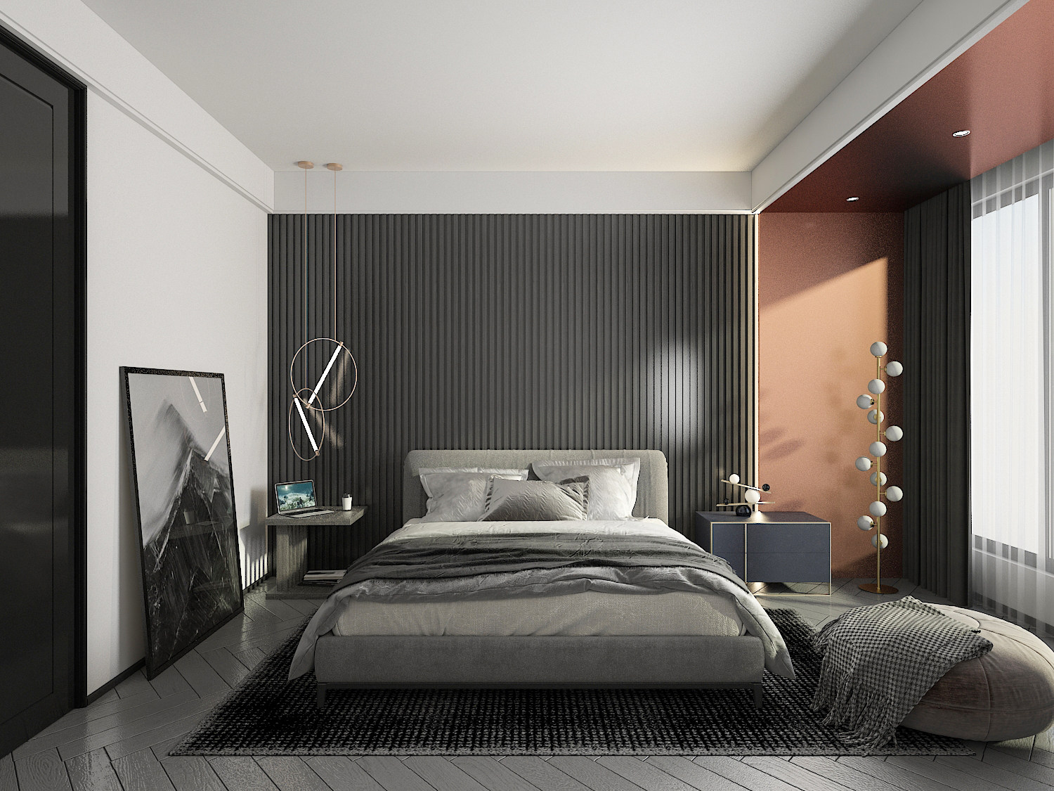 现代卧室，双人床3d模型下载