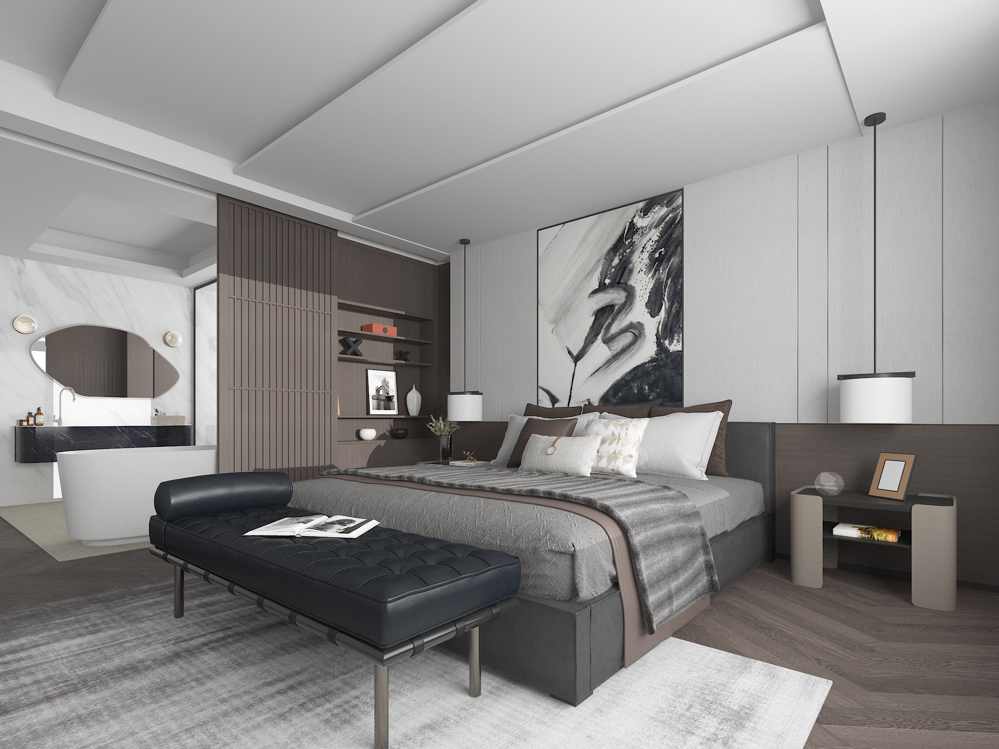 现代卧室，双人床，床尾凳，床头柜3d模型下载