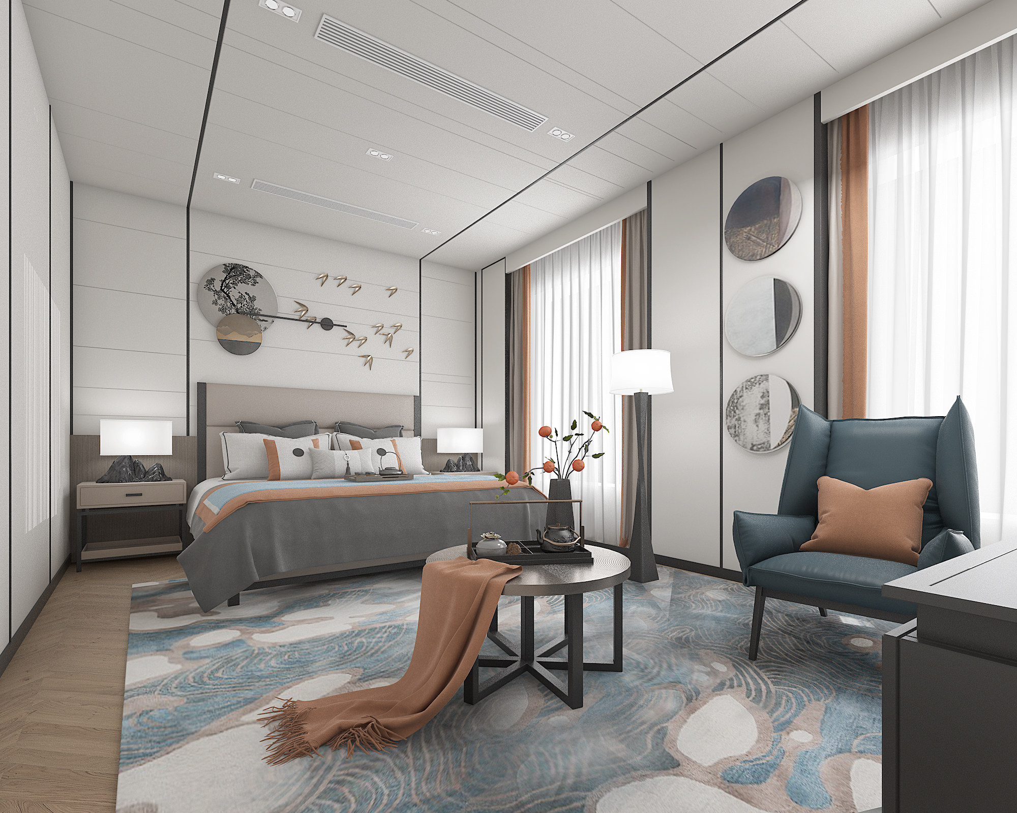 新中式卧室，双人床3d模型下载
