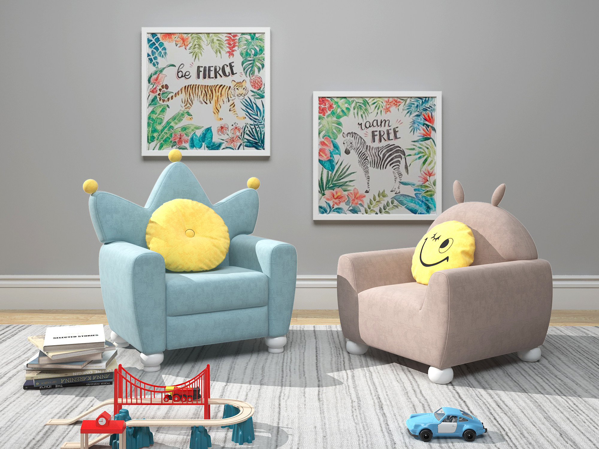 北欧布艺儿童卡通沙发3d模型下载