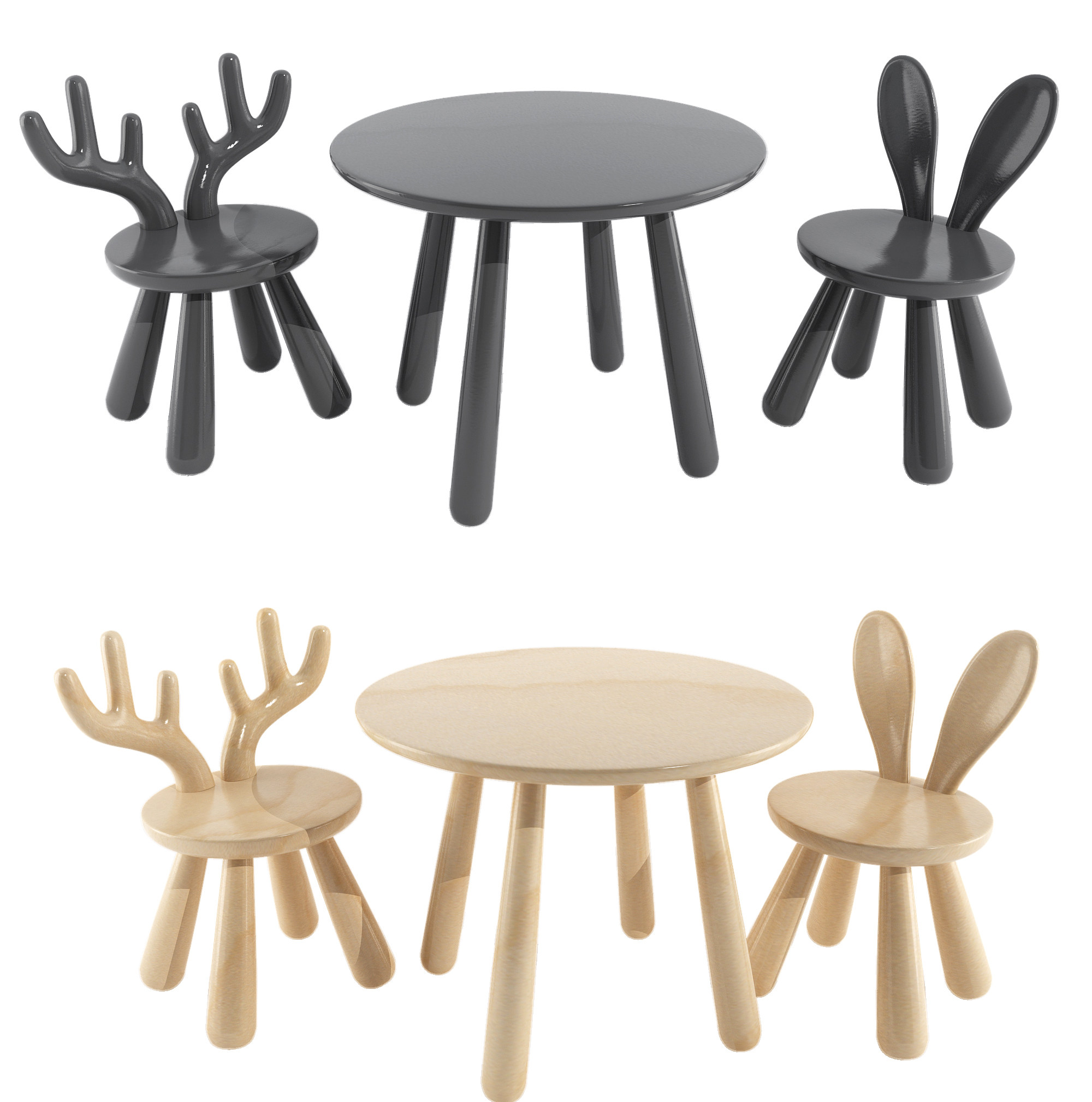 北欧原木儿童动物桌椅3d模型下载