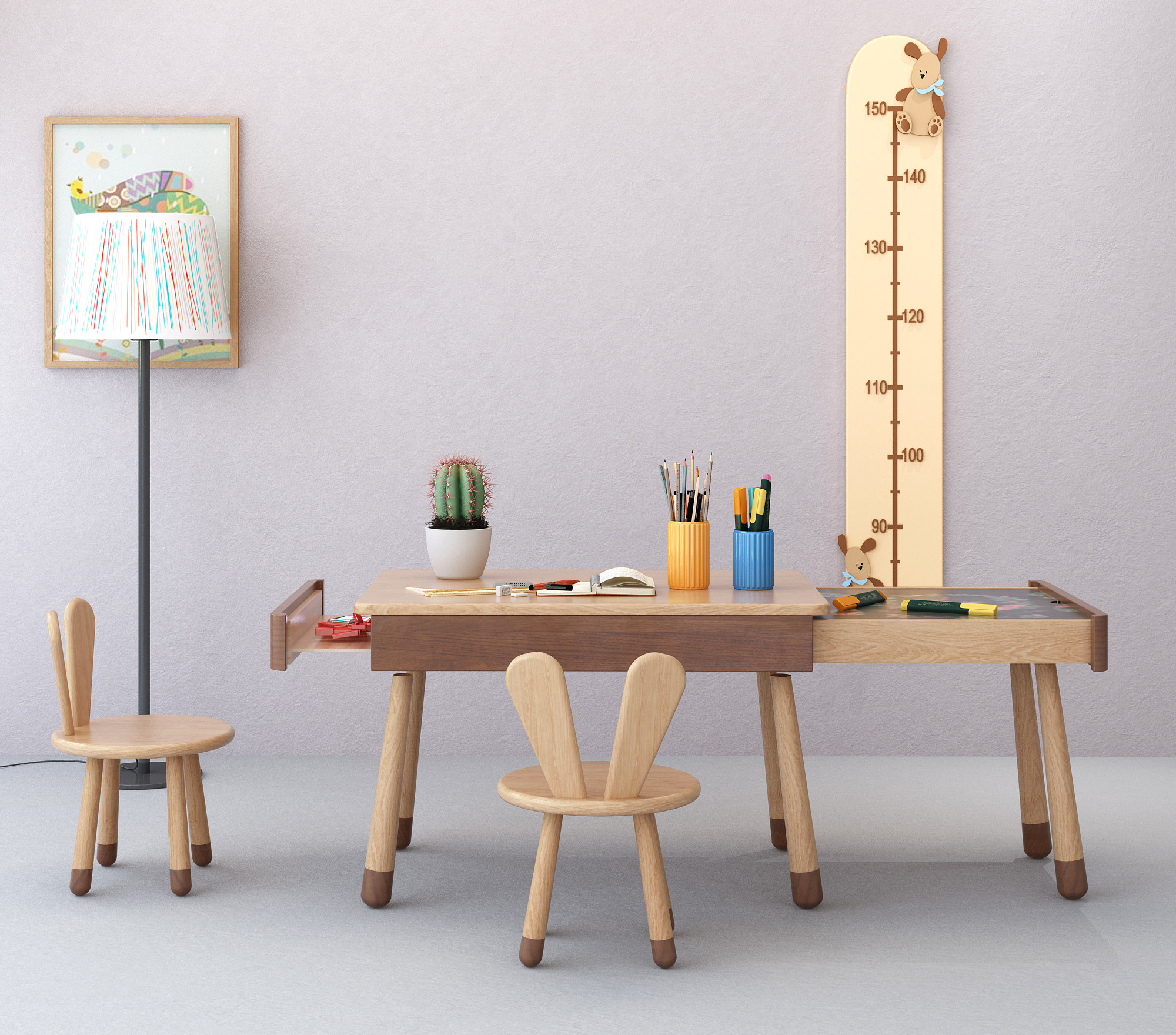 北欧原木儿童书桌椅，身高标尺椅子3d模型下载