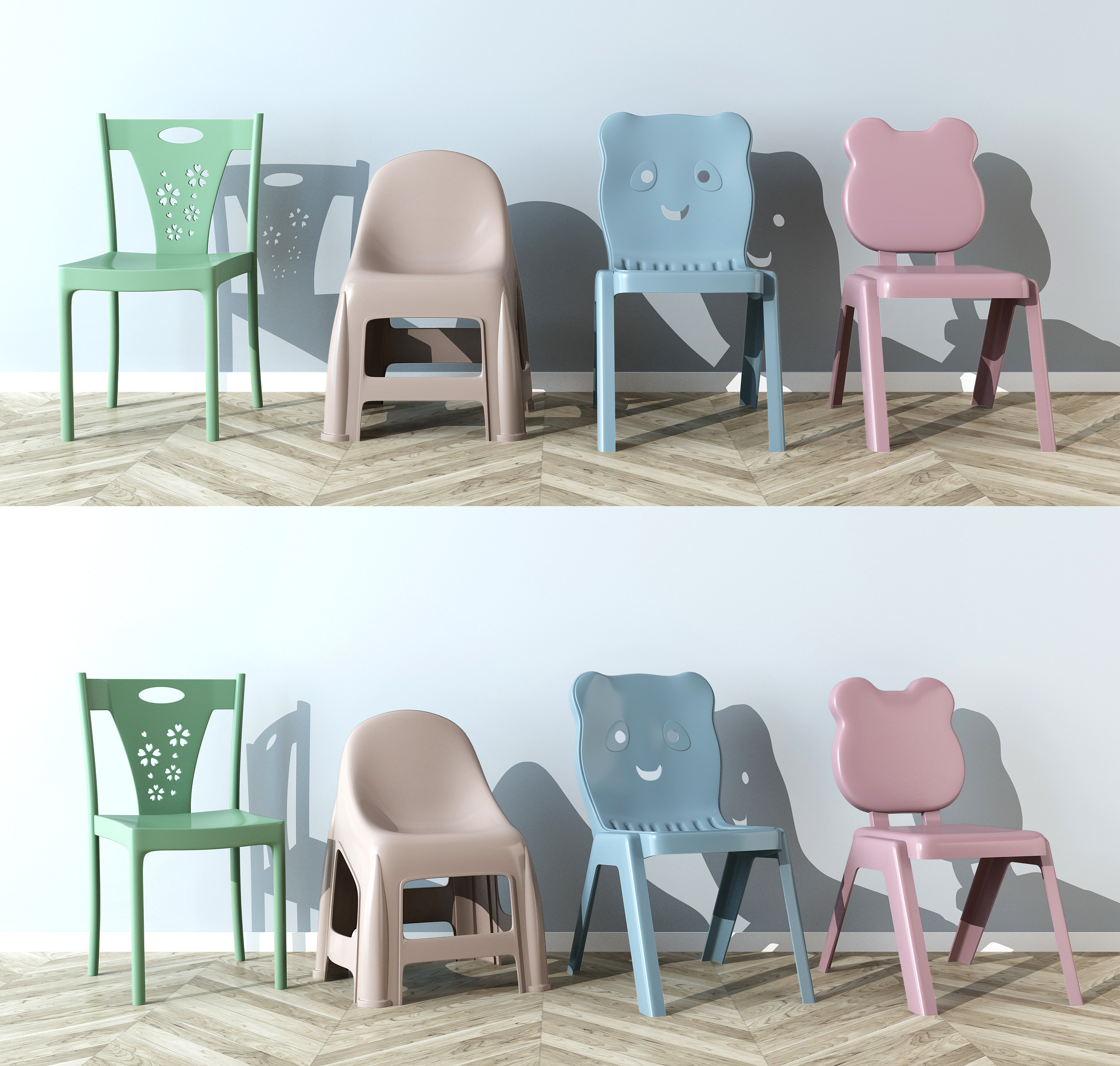 儿童卡通塑料椅子矮凳组合3d模型下载
