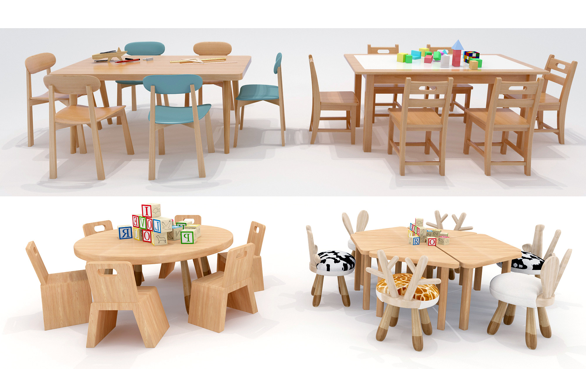 北欧儿童幼儿园课桌椅，玩具桌卡通造型桌椅3d模型下载