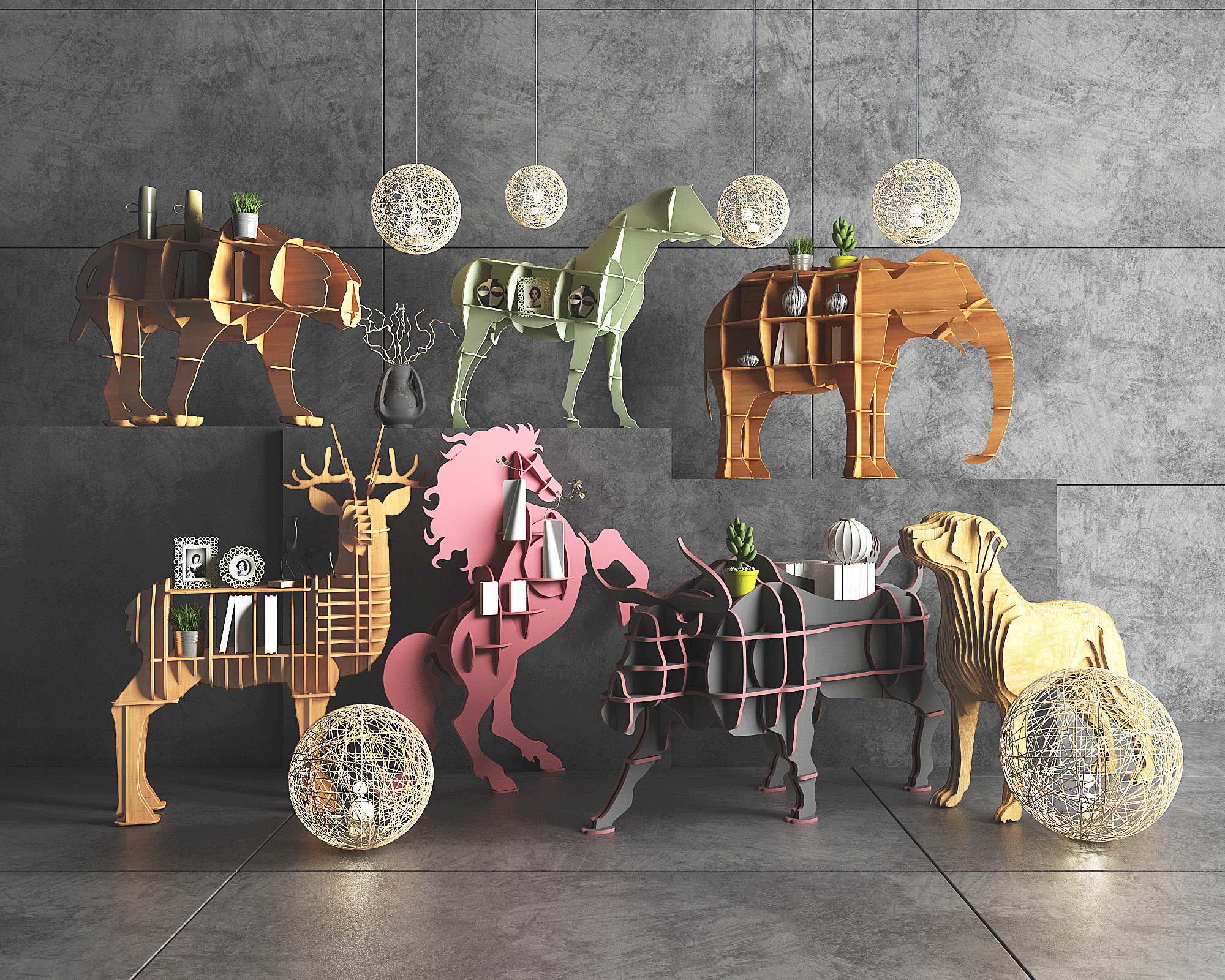 北欧卡通动物大象，马，鹿狗犀牛造型书架组合3d模型下载