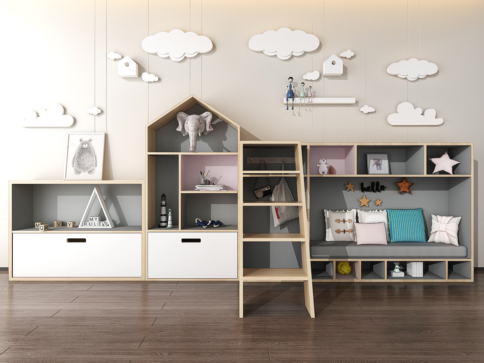 北欧实木儿童柜，装饰柜，收纳柜，云朵造型3d模型下载