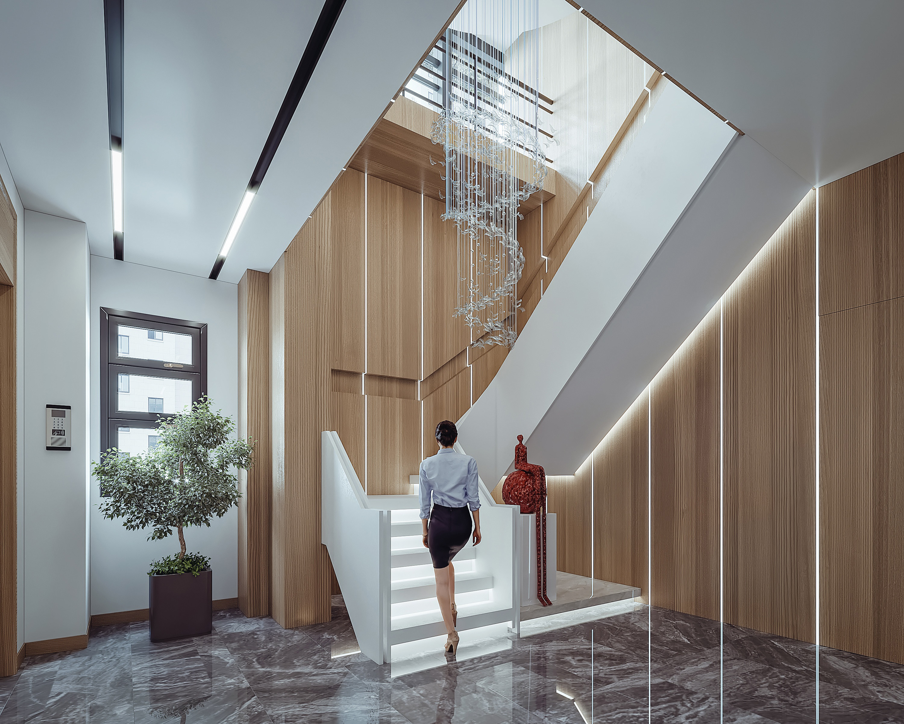 楼梯间，大型水景吊灯，盆栽植物3d模型下载