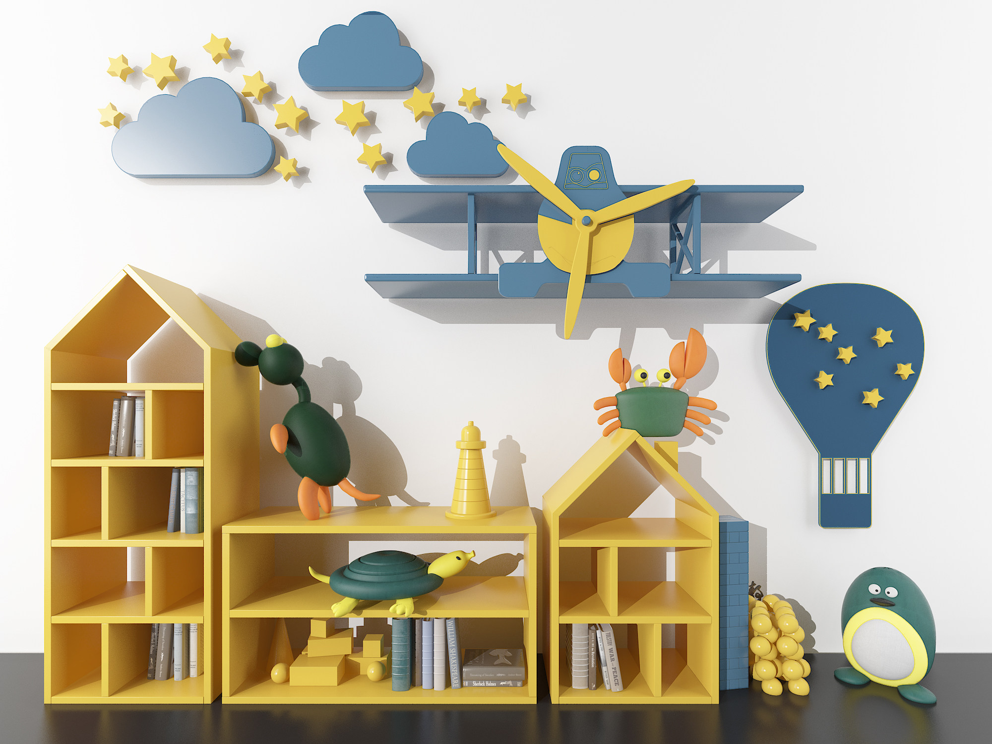 现代儿童玩具柜，书柜，飞机热气球墙饰，3d模型下载