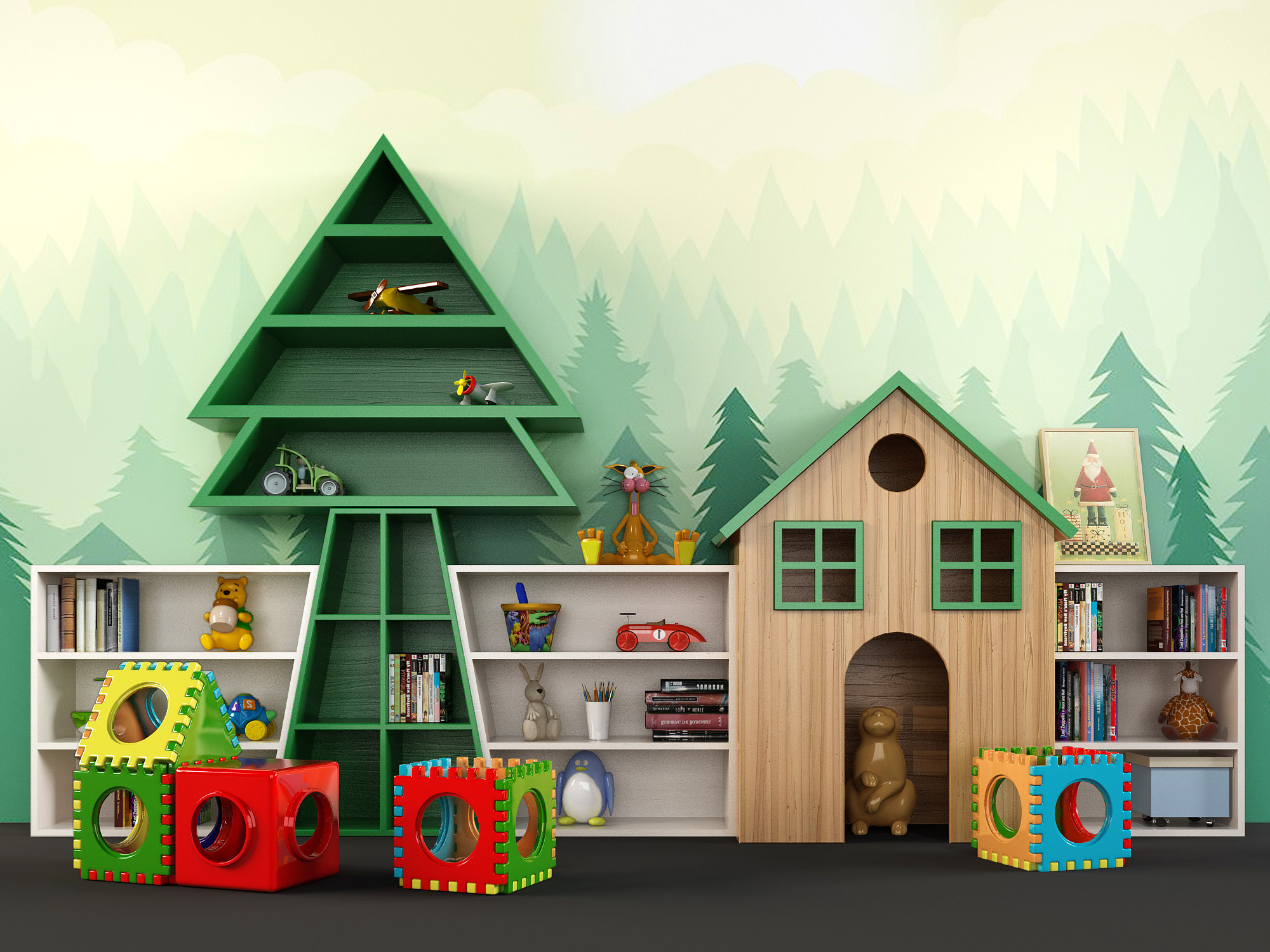 儿童松树造型书屋书柜，书架玩具柜3d模型下载