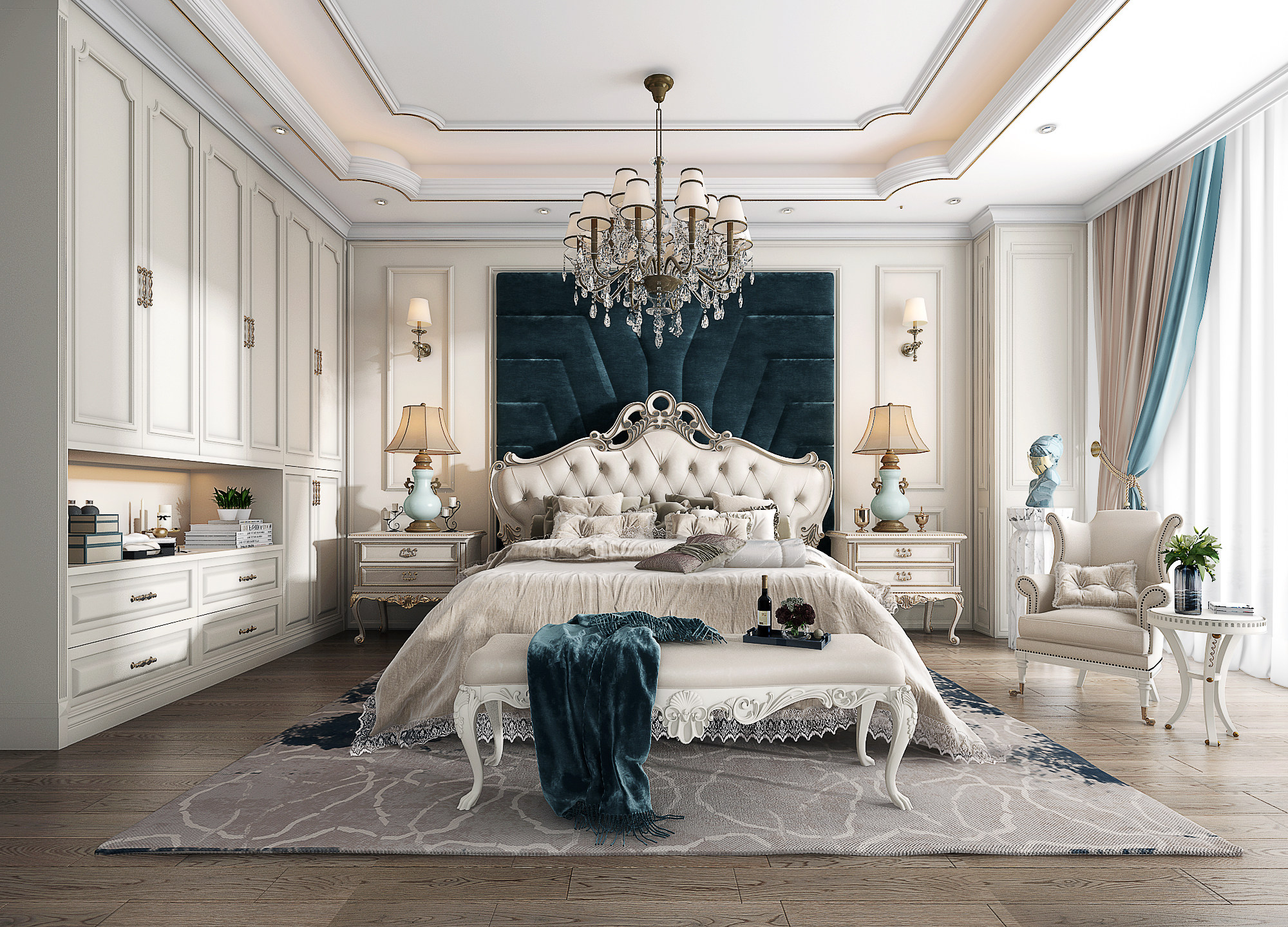 欧式法式卧室，雕花皮革双人床，床尾凳，单人沙发，边几，吊灯衣柜台灯3d模型下载