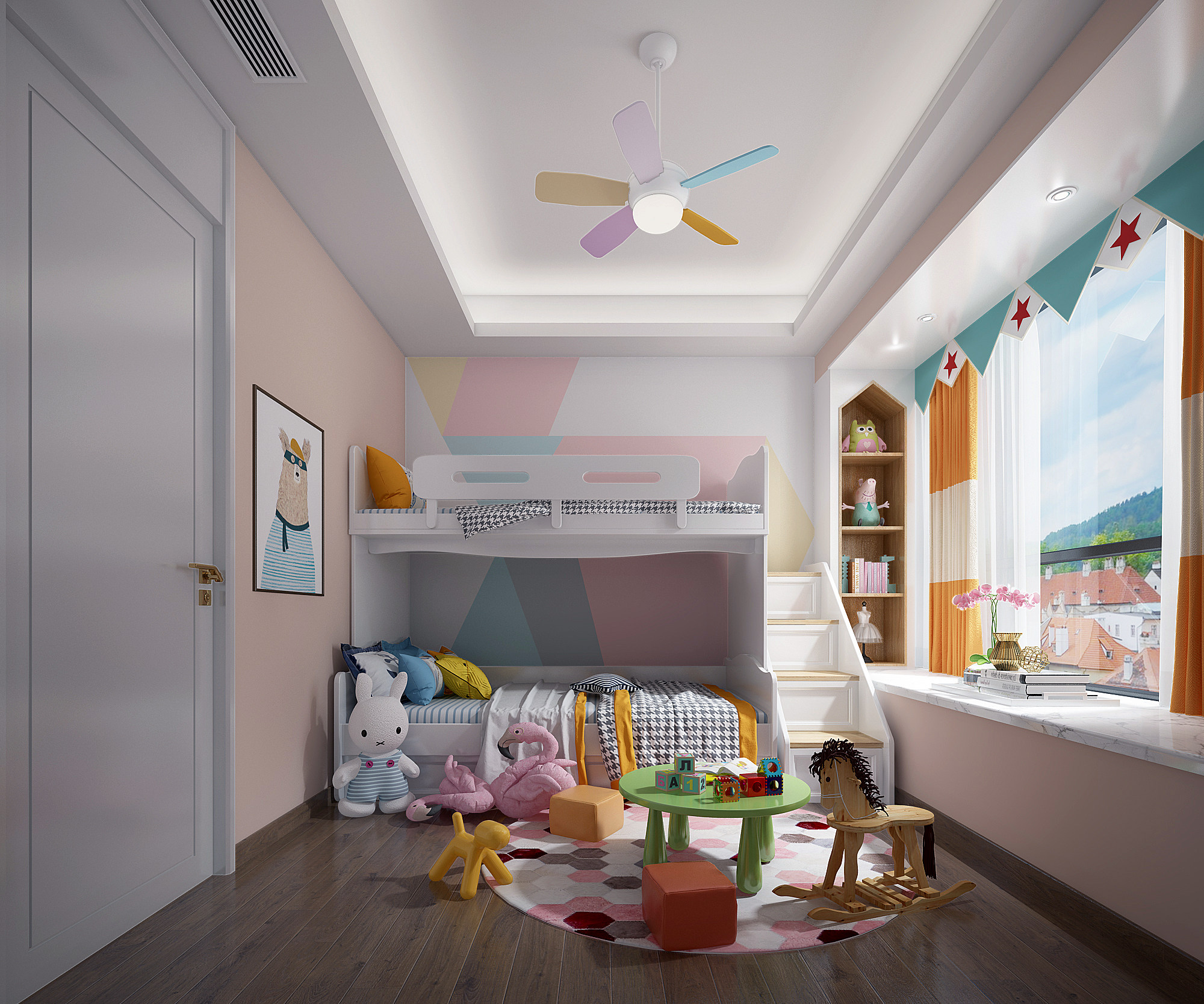 儿童房，上下铺，上下床，玩具桌，木马摇椅，风扇灯3d模型下载