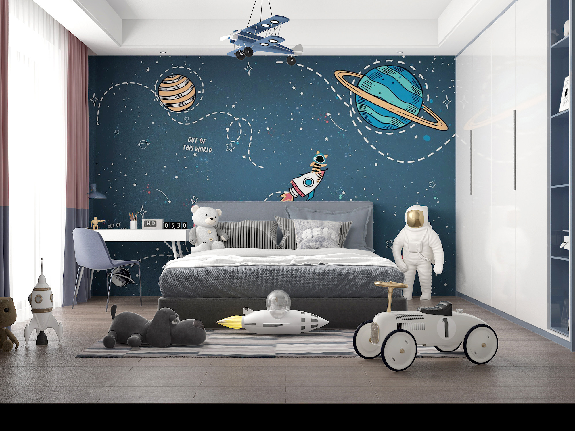 儿童房，男孩房卧室，宇航员主题客房，飞船，火箭宇航员学习桌写字台3d模型下载