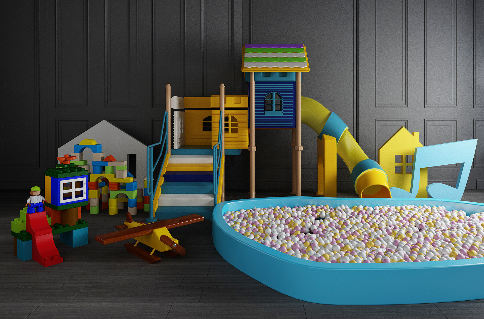 儿童滑滑梯游乐设施，积木海洋球玩具3d模型下载