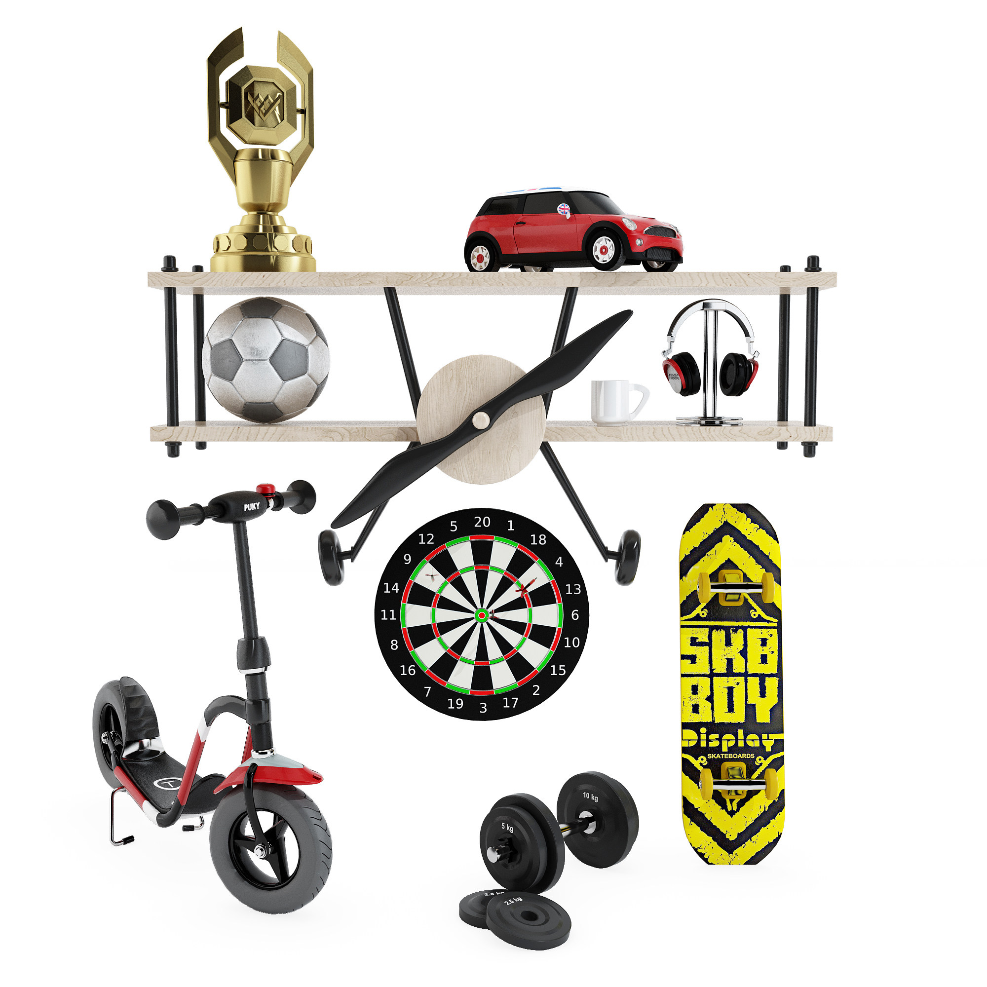 现代男孩房墙饰，哑铃玩具滑板车，飞镖，耳麦奖杯，3d模型下载