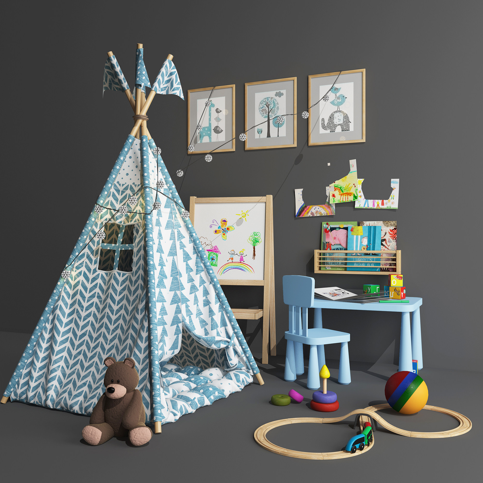 北欧儿童帐篷，玩具学习桌，挂画，画板3d模型下载