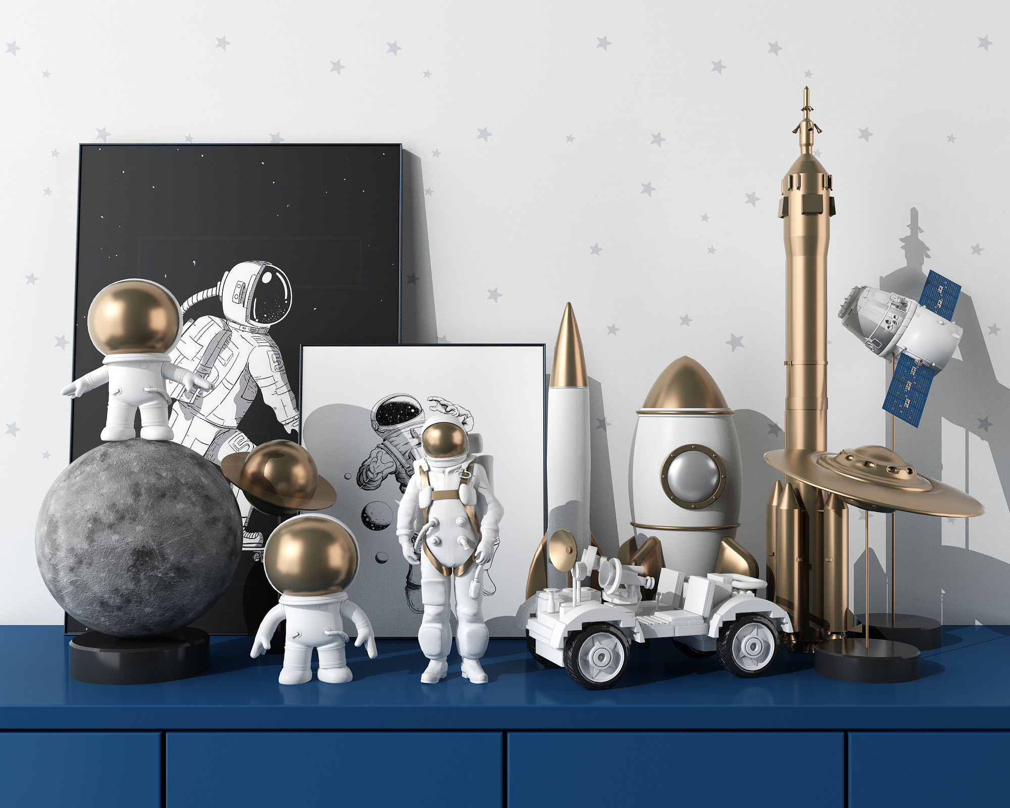 现代儿童房男孩房火箭，飞船宇航员，卫星饰品摆件3d模型下载
