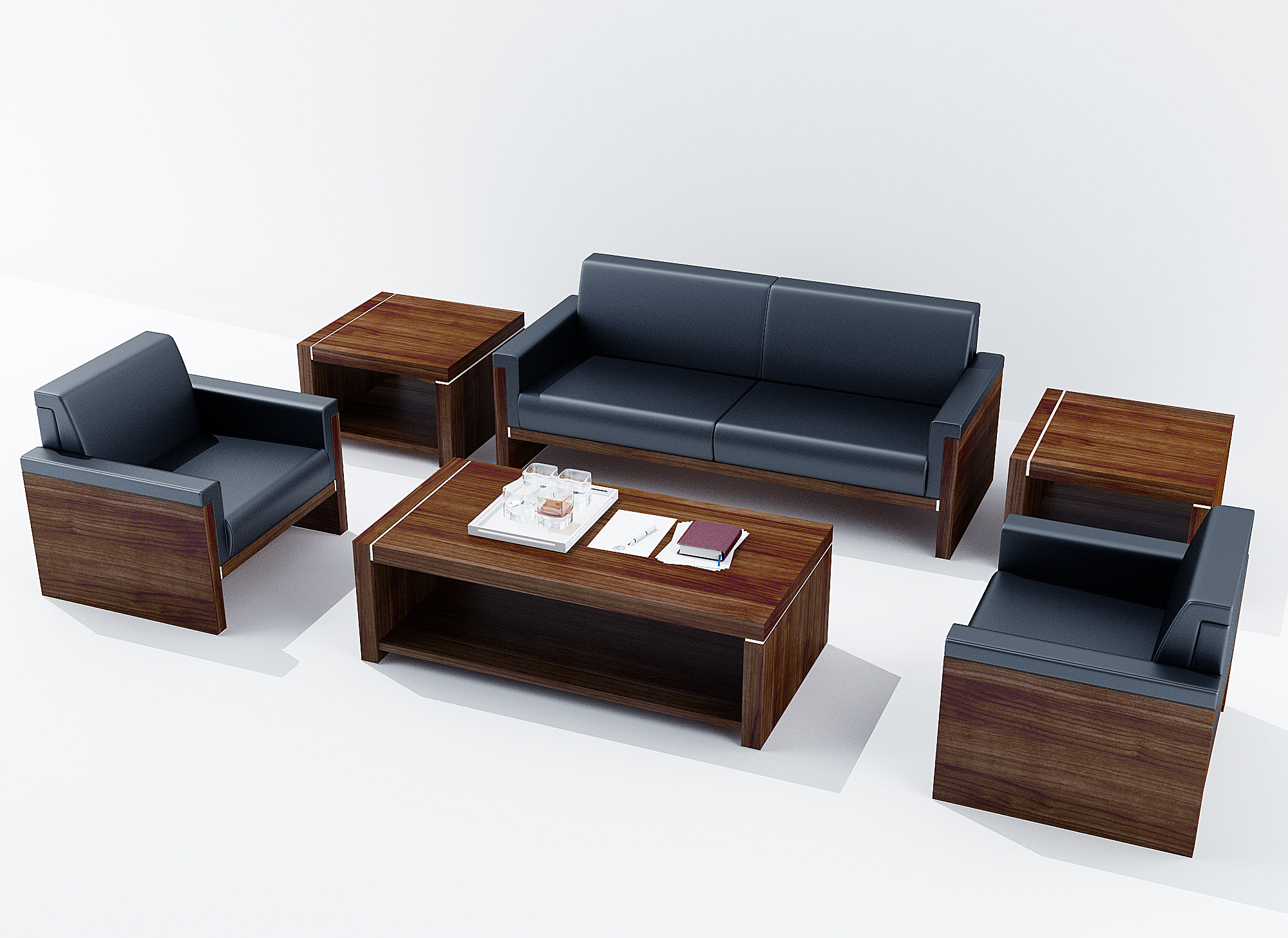 现代办公皮革沙发，茶几单人沙发3d模型下载