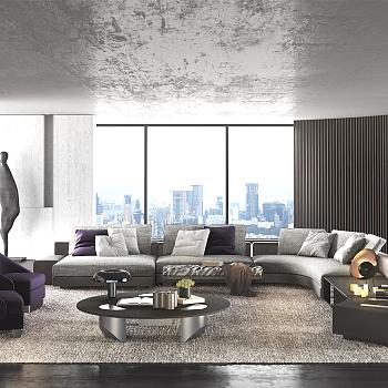 米洛提 Minotti 现代弧形转角客厅，沙发茶几3d模型下载