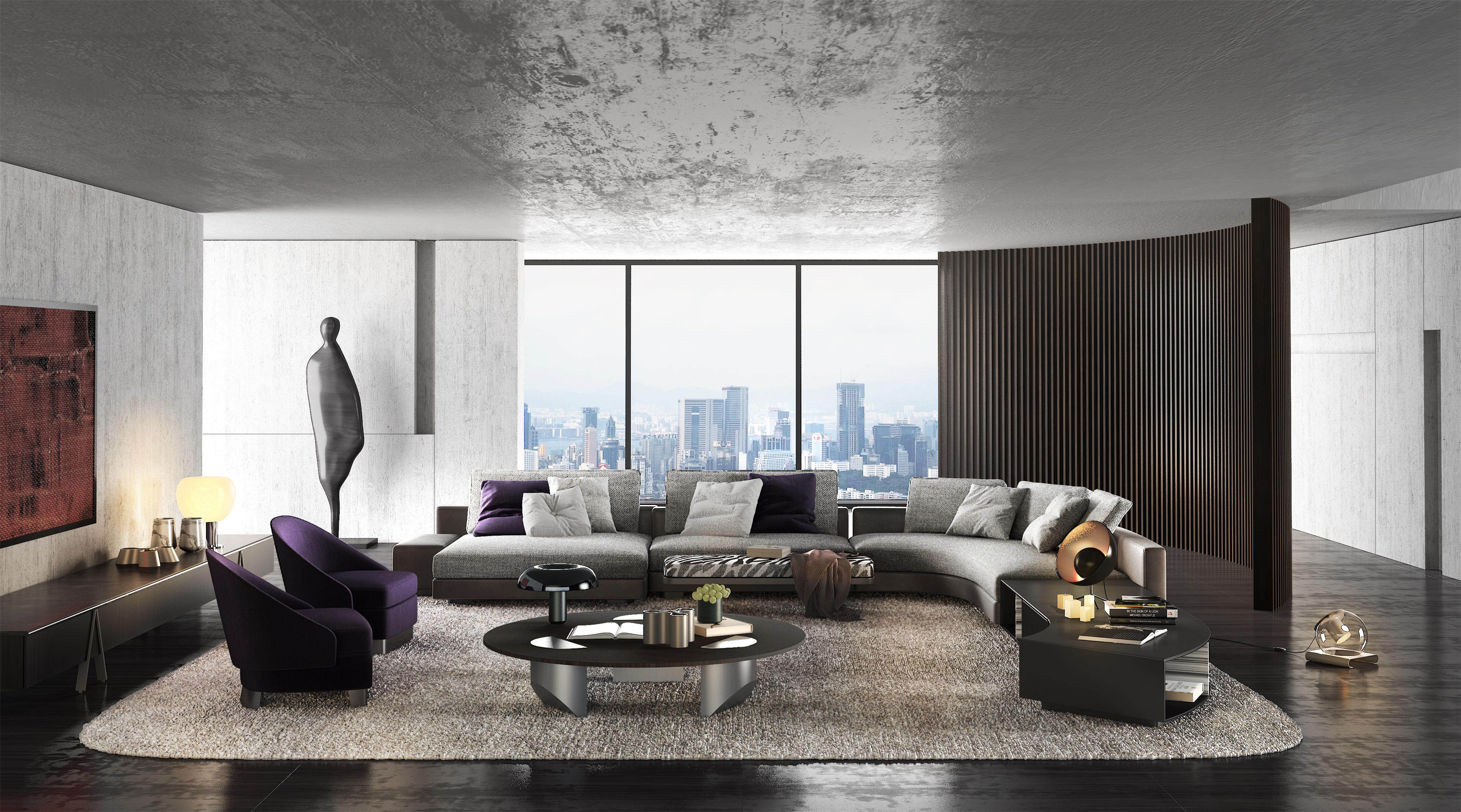 米洛提 Minotti 现代弧形转角客厅，沙发茶几3d模型下载