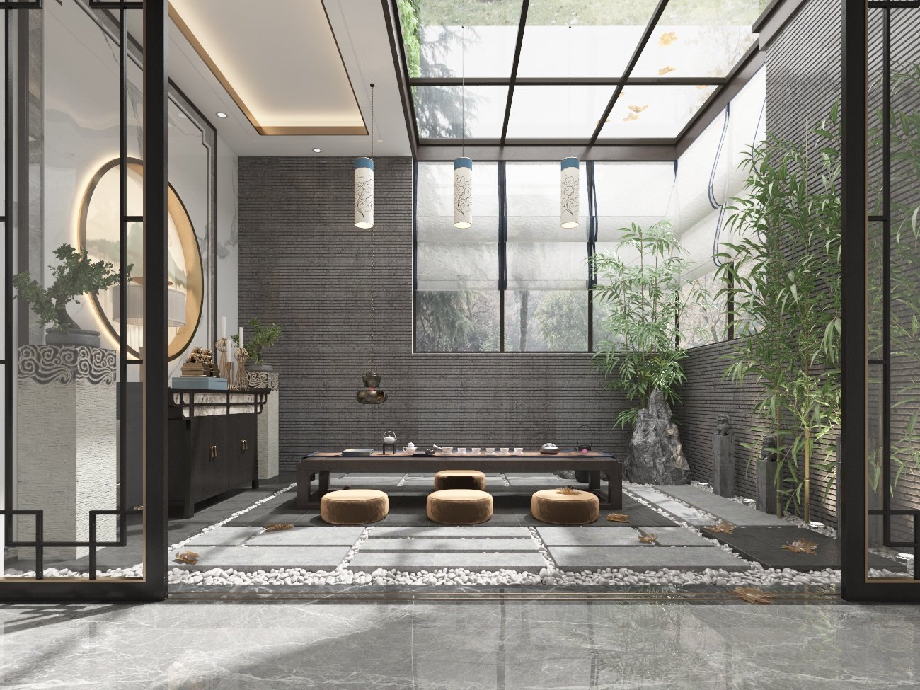 新中式阳光房，茶室，茶桌椅，摆台3d模型下载