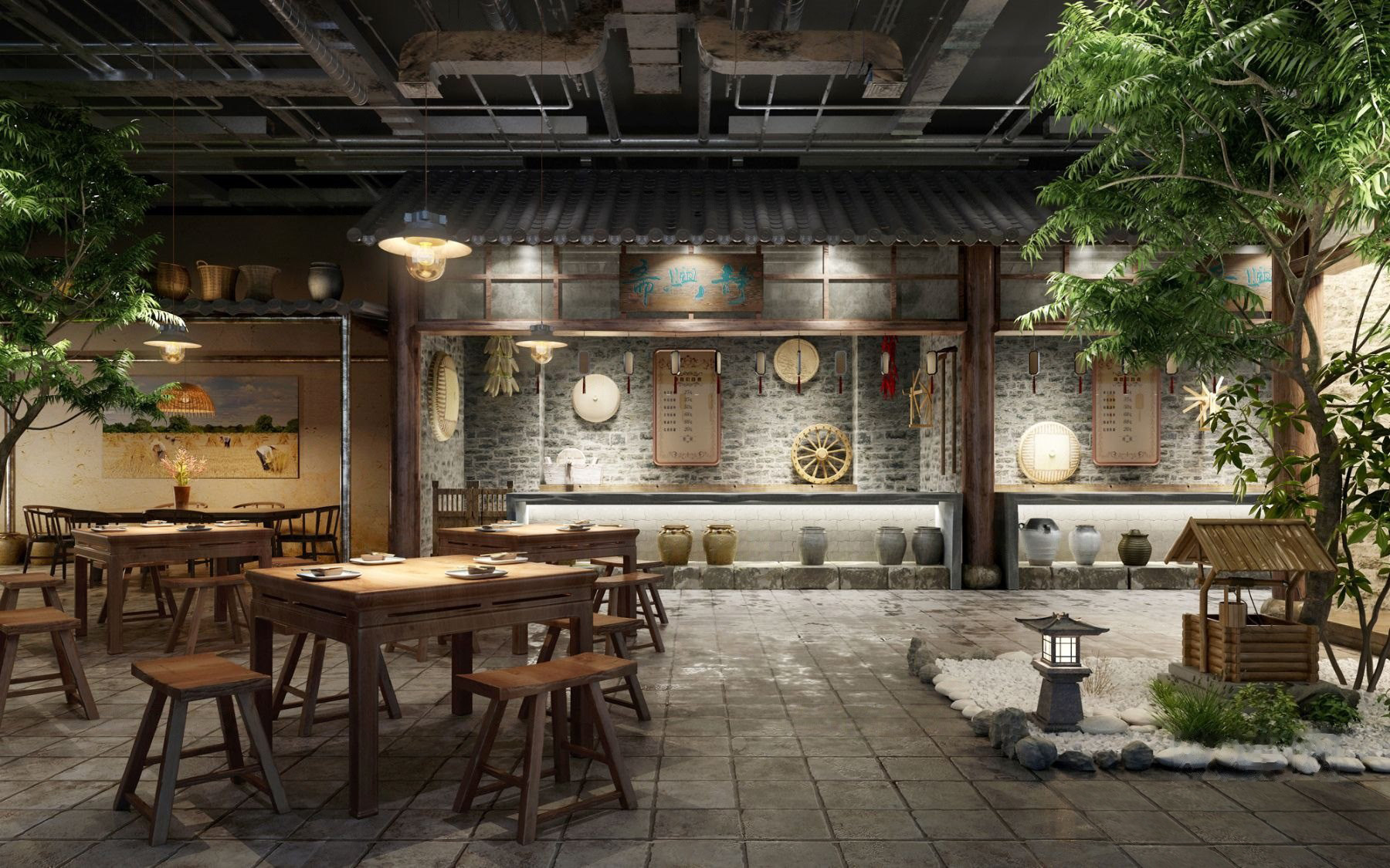 自然风民俗民宿新中式餐厅3d模型下载