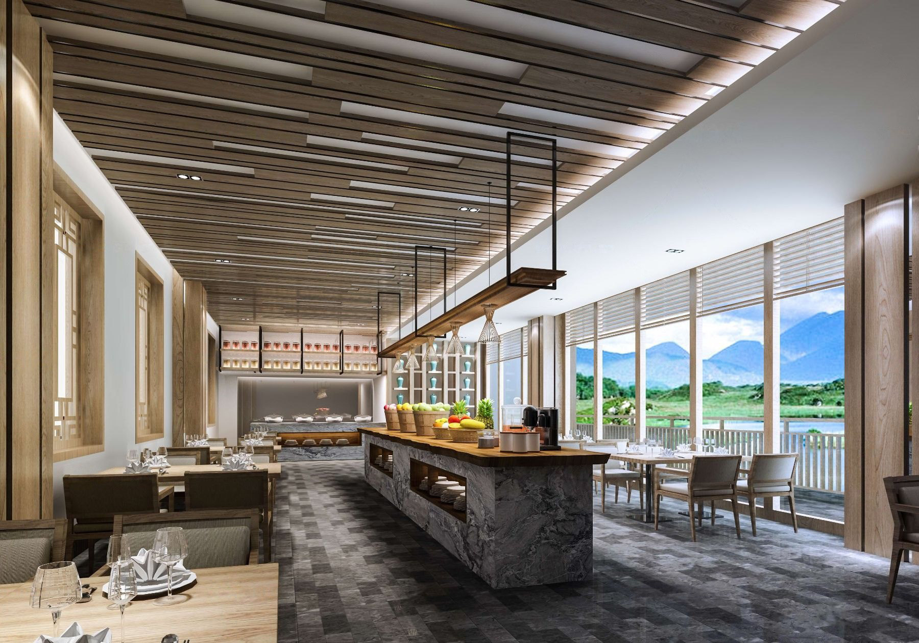 新中式酒店自助餐厅，餐台中餐厅3d模型下载
