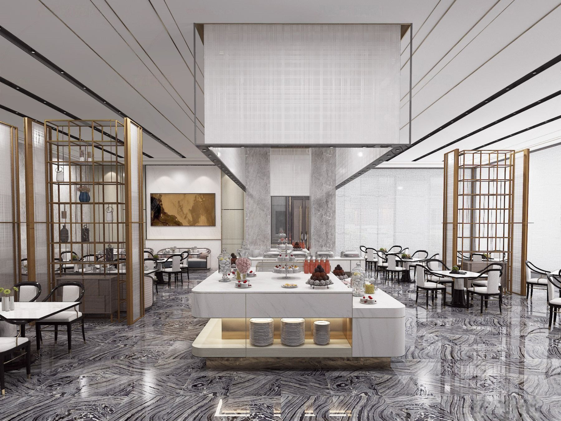 现代新中式酒店自助餐厅，餐台3d模型下载