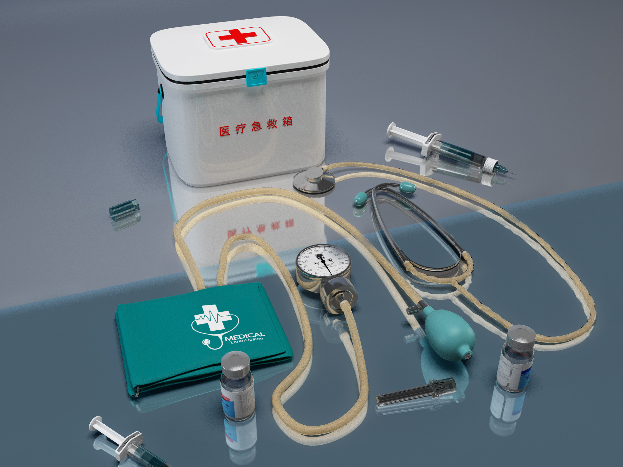 现代医疗急救箱设备，听诊器医疗器材设备3d模型下载