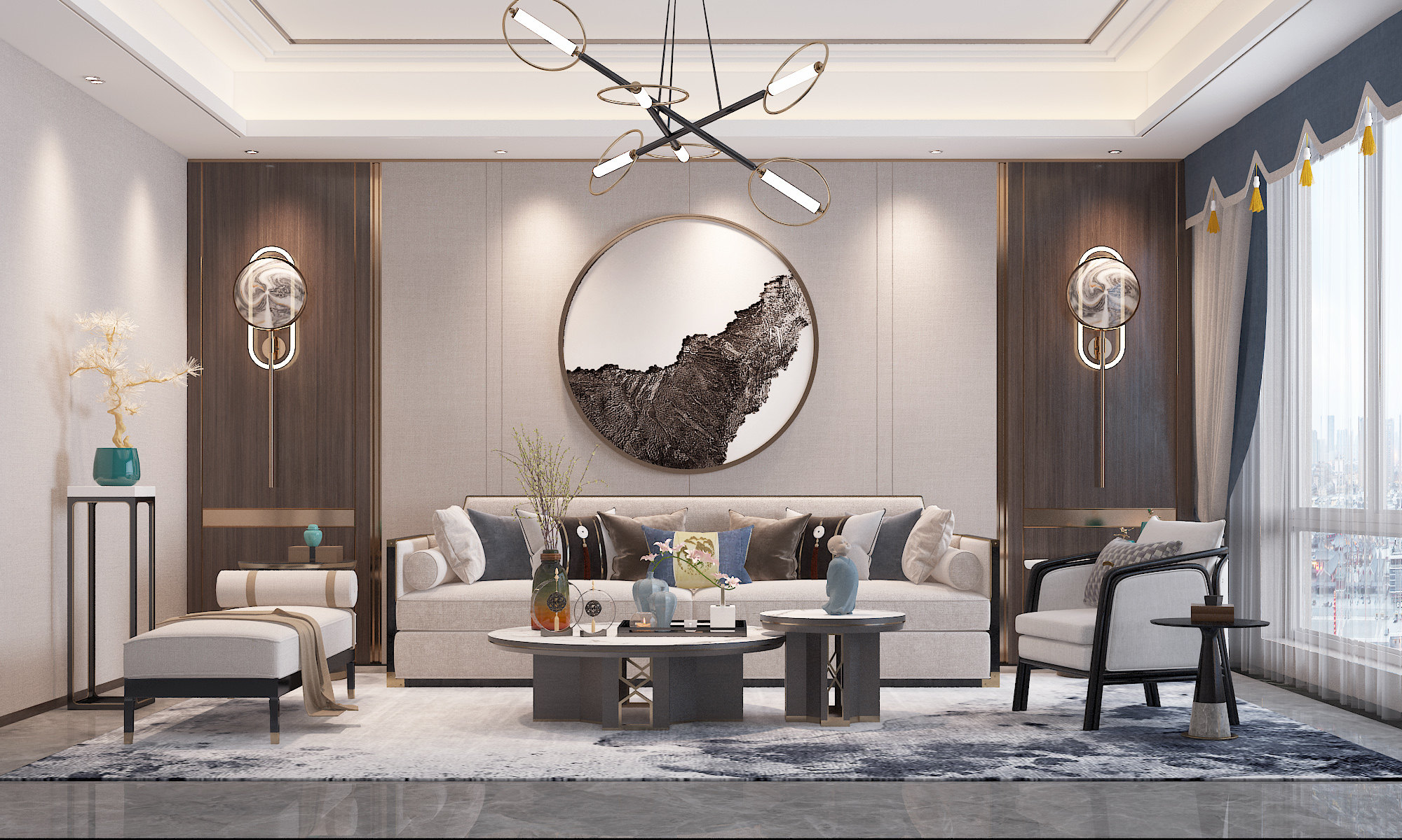 新中式客厅，沙发茶几卧榻沙发凳3d模型下载
