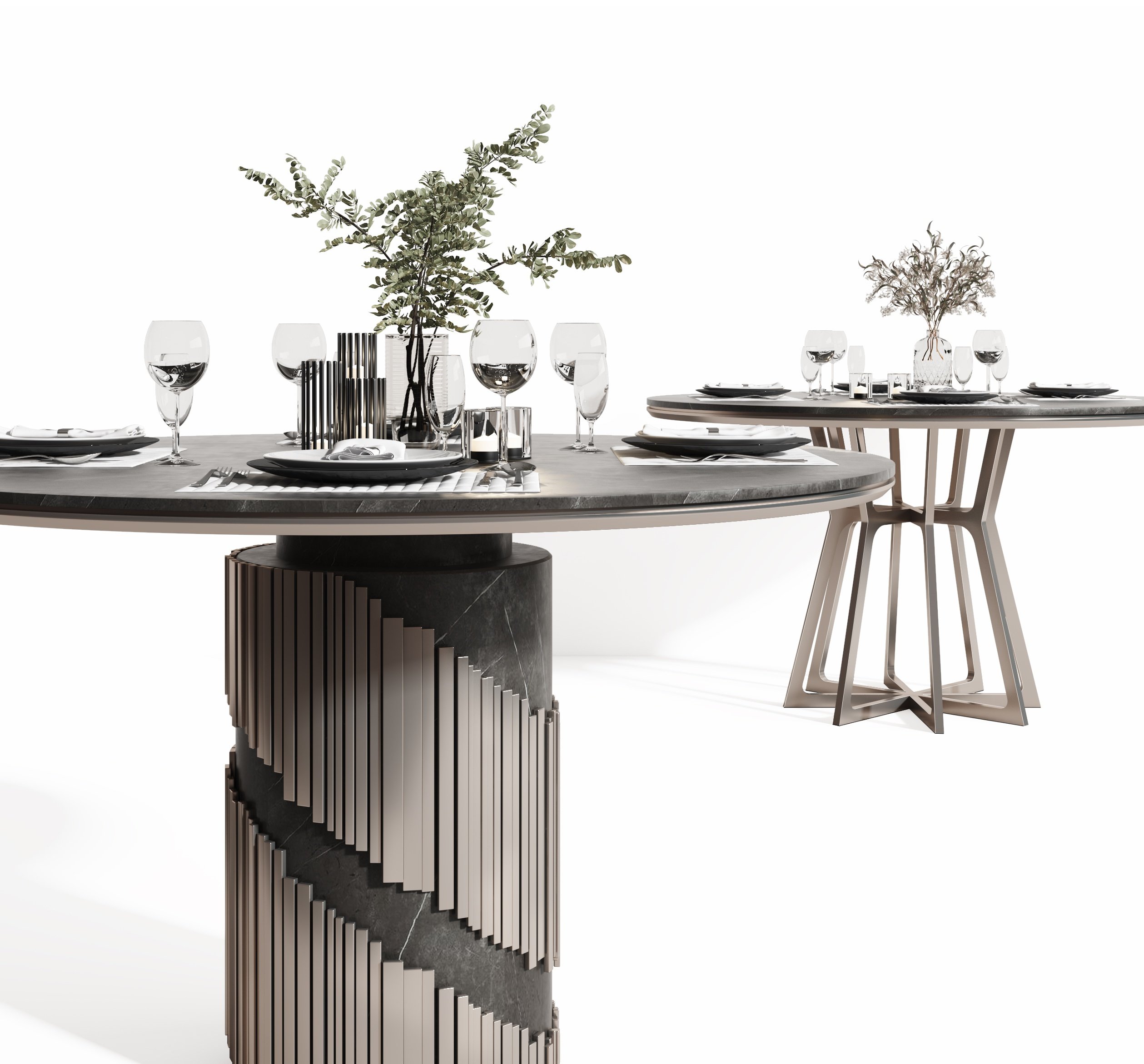 现代圆形餐桌，餐具3d模型下载