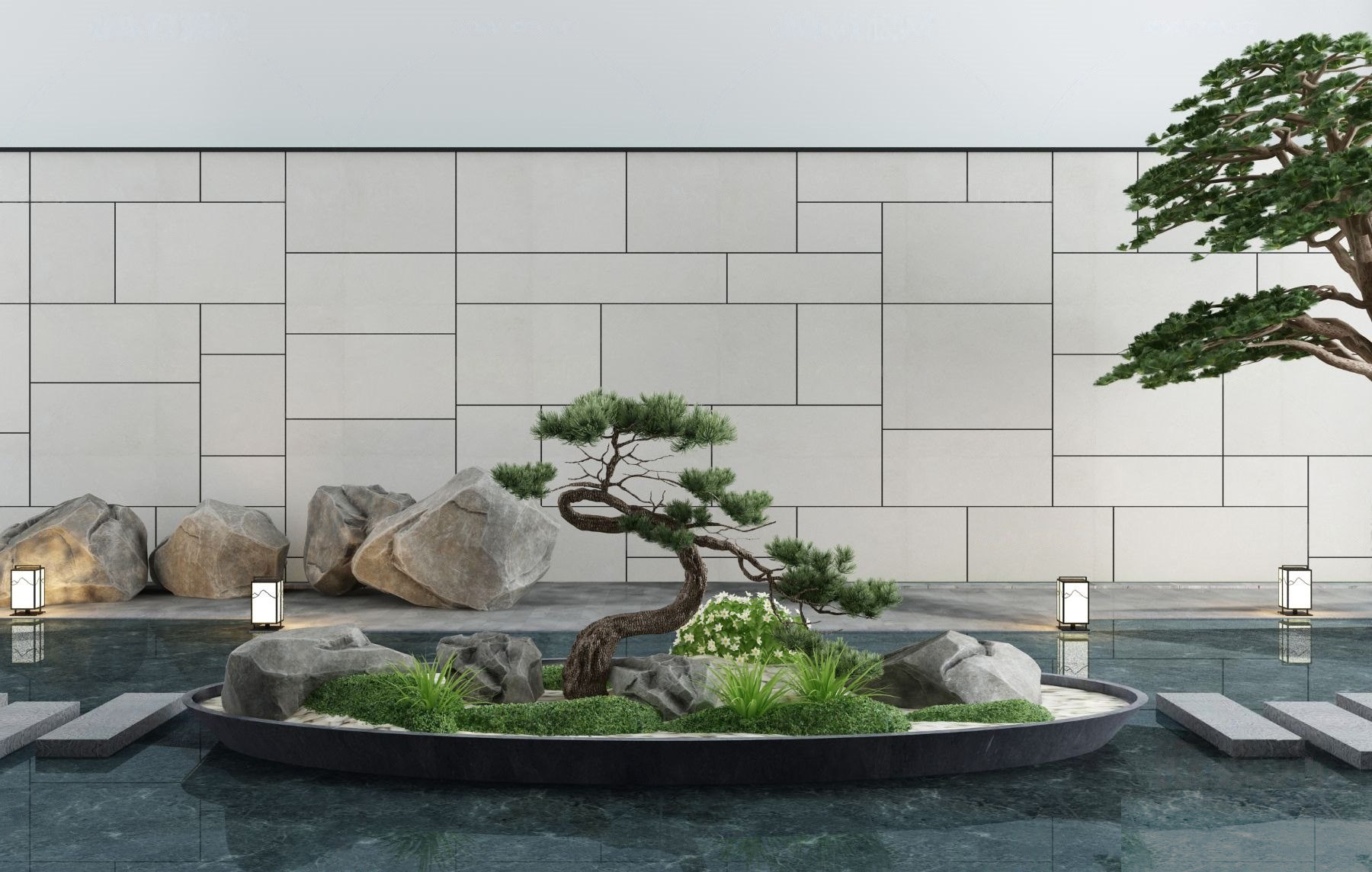 新中式庭院松树石头，景观3d模型下载