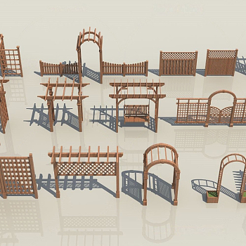 中式木拱门木秋千，围栏护栏，廊架3d模型下载