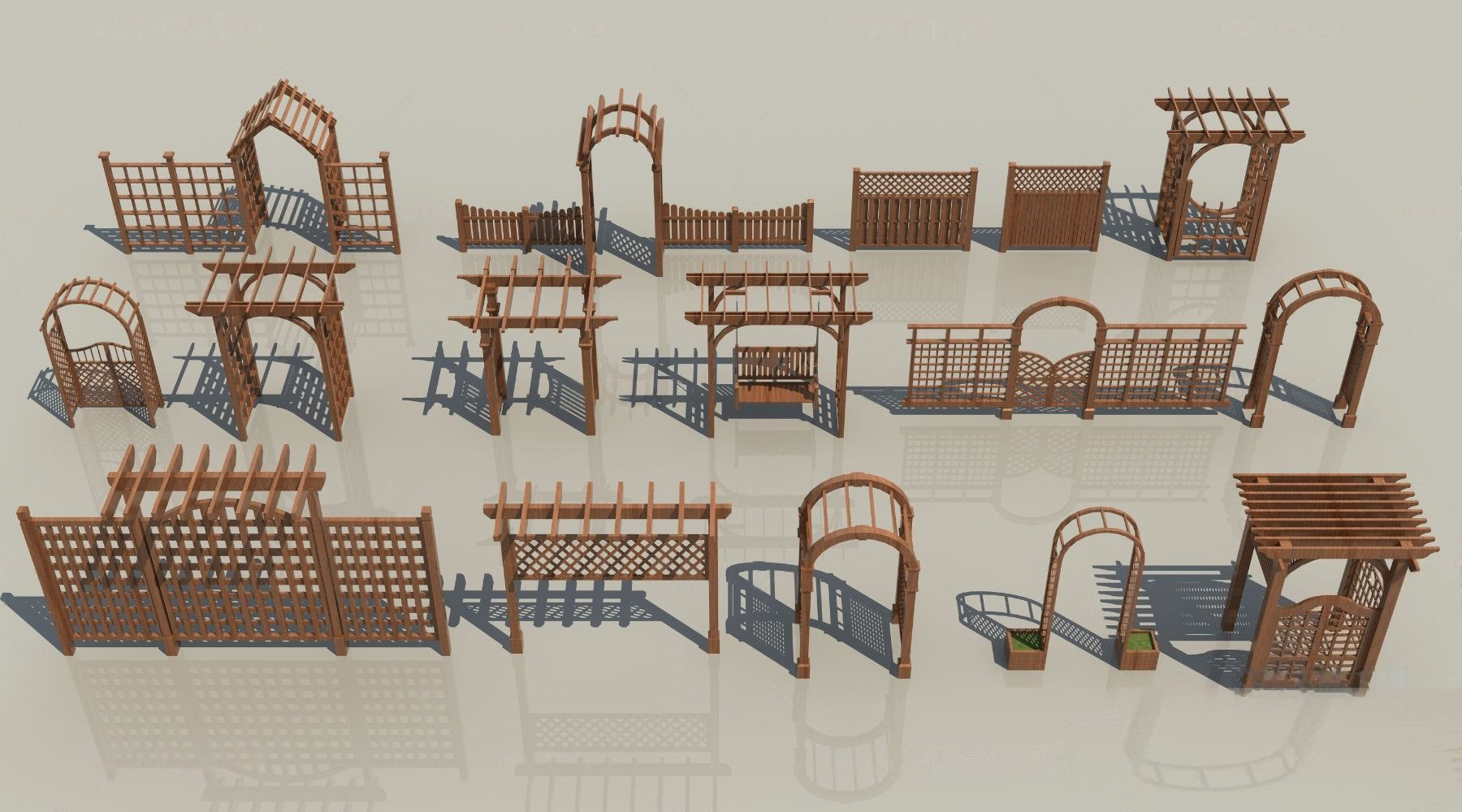 中式木拱门木秋千，围栏护栏，廊架3d模型下载