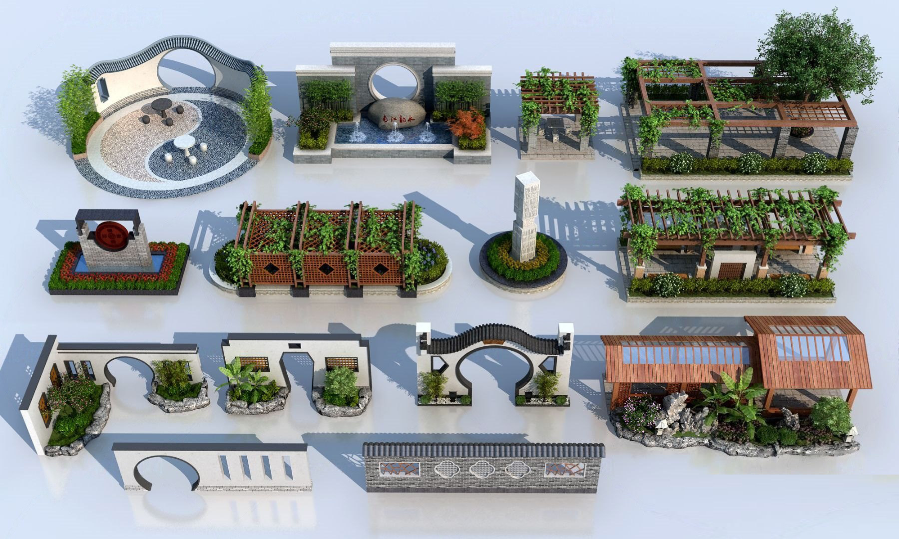 新中式景观庭院，围墙廊架，凉亭，院墙，3d模型下载