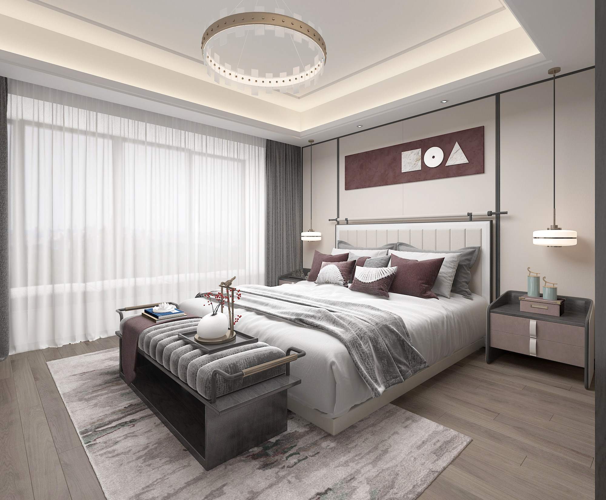 新中式样板间卧室3d模型下载