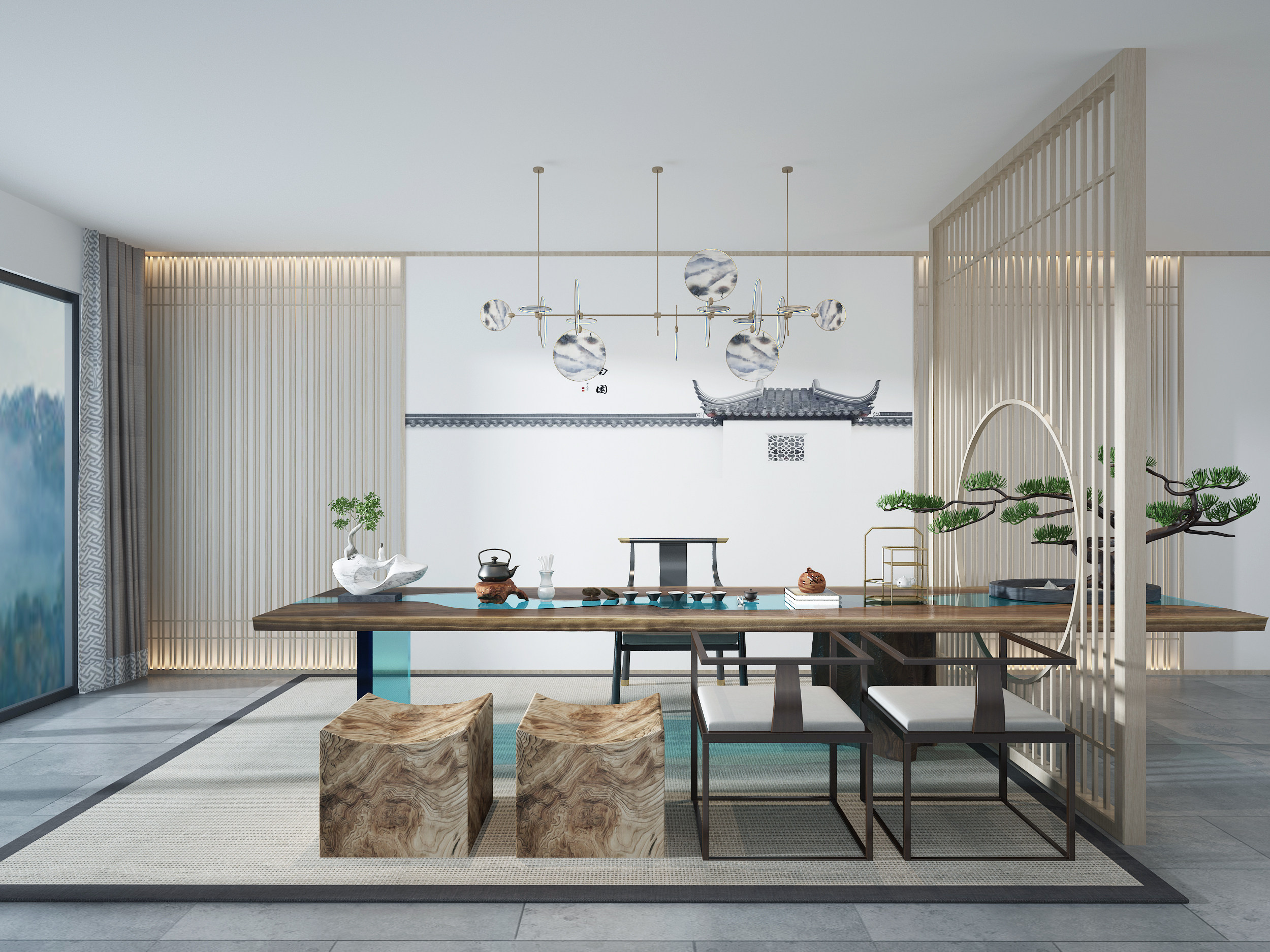 新中式茶室，茶桌椅3d模型下载