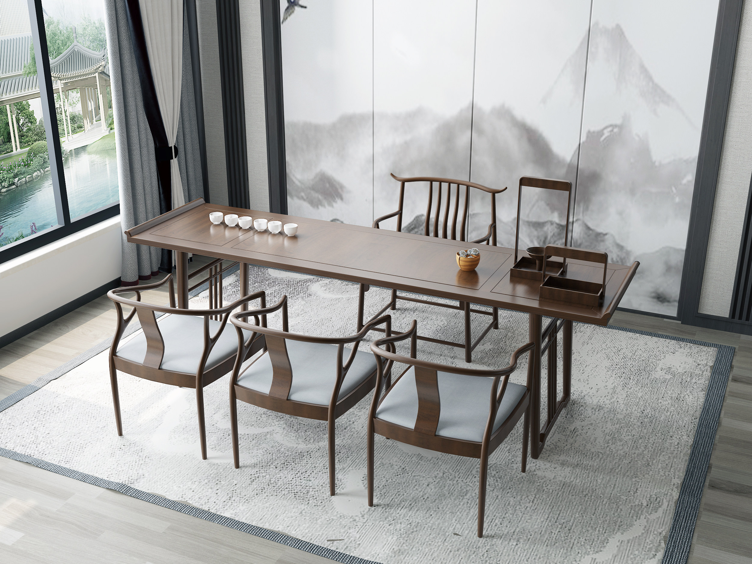 新中式茶室，茶桌椅3d模型下载