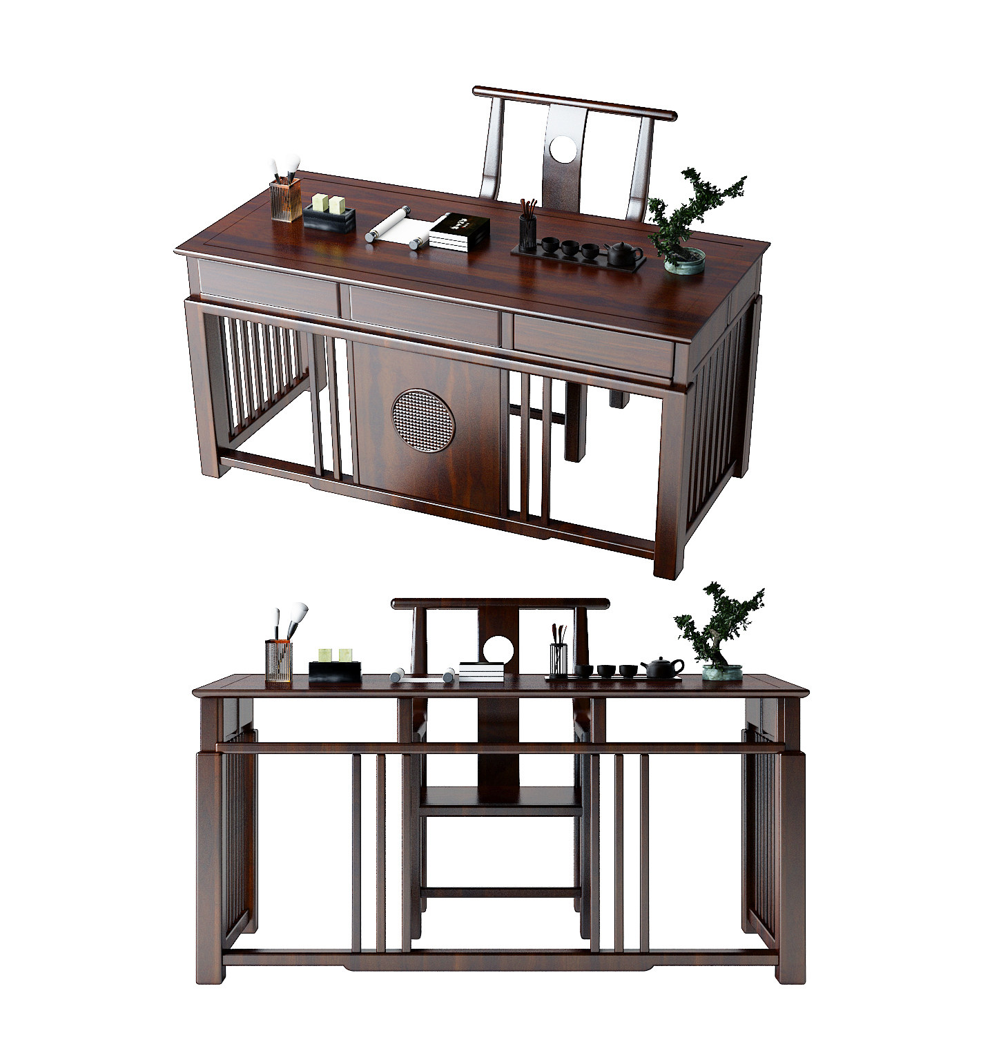 新中式实木书桌椅3d模型下载