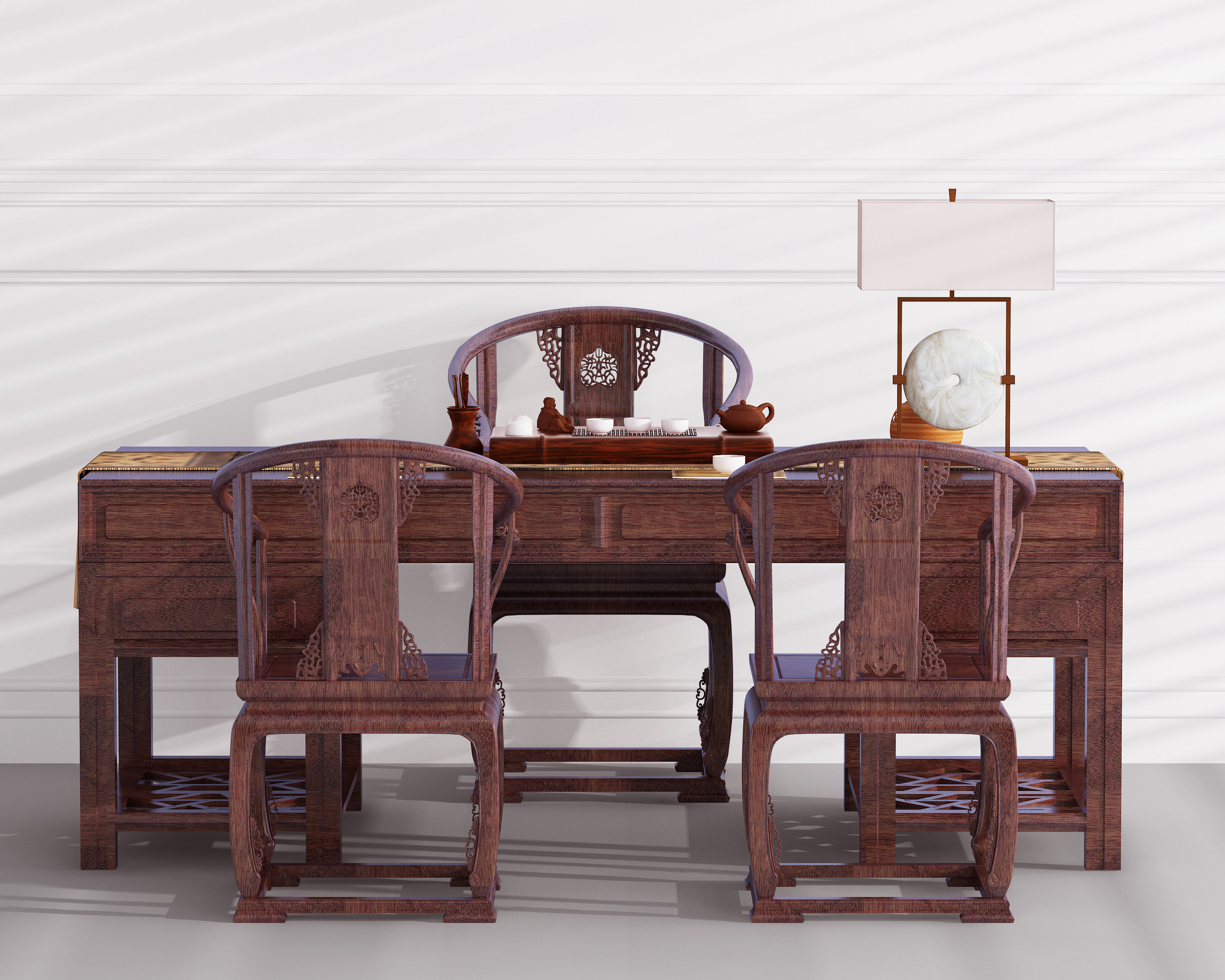 中式古典红木实木办公桌椅3d模型下载