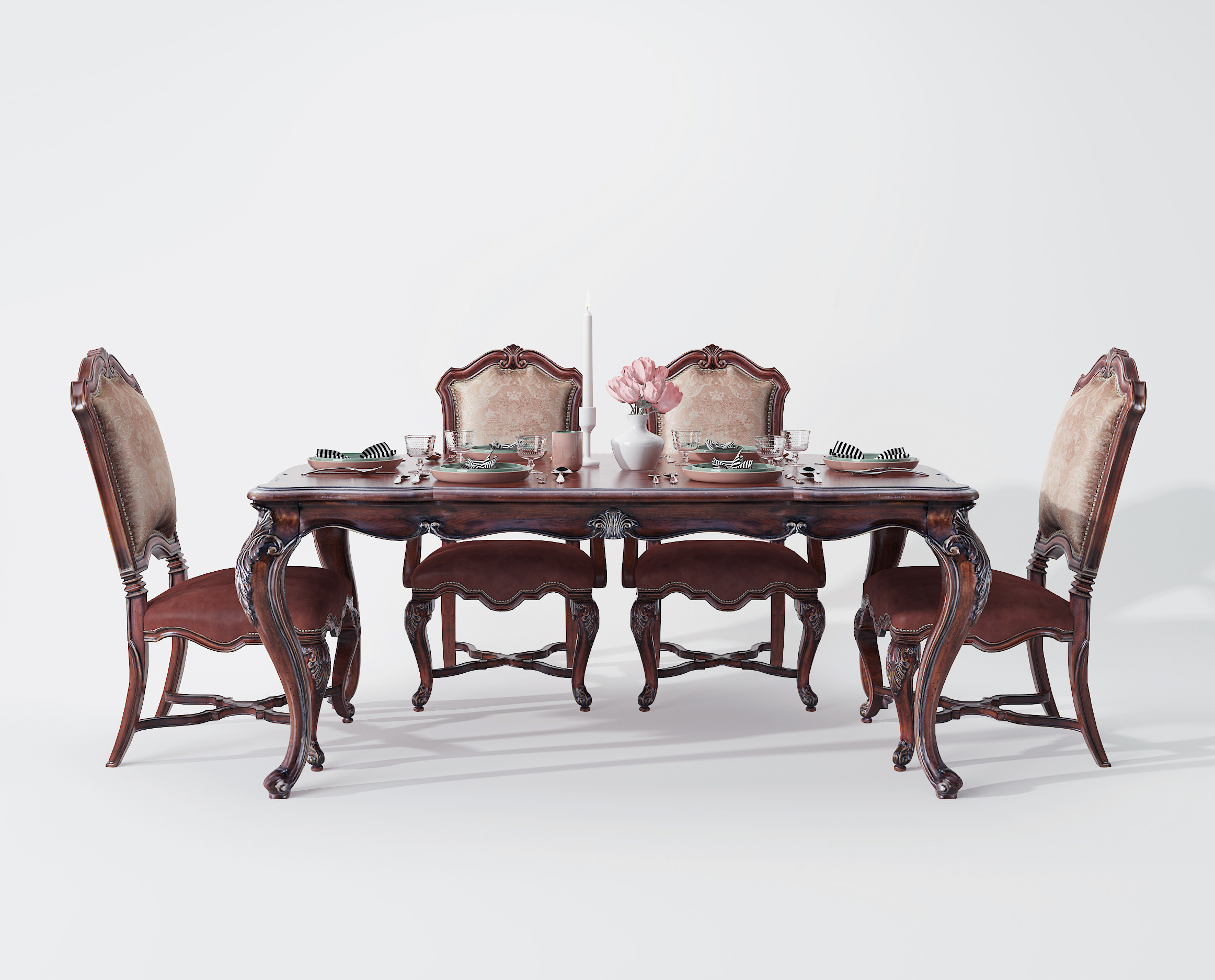 欧式古典实木雕花餐桌椅3d模型下载